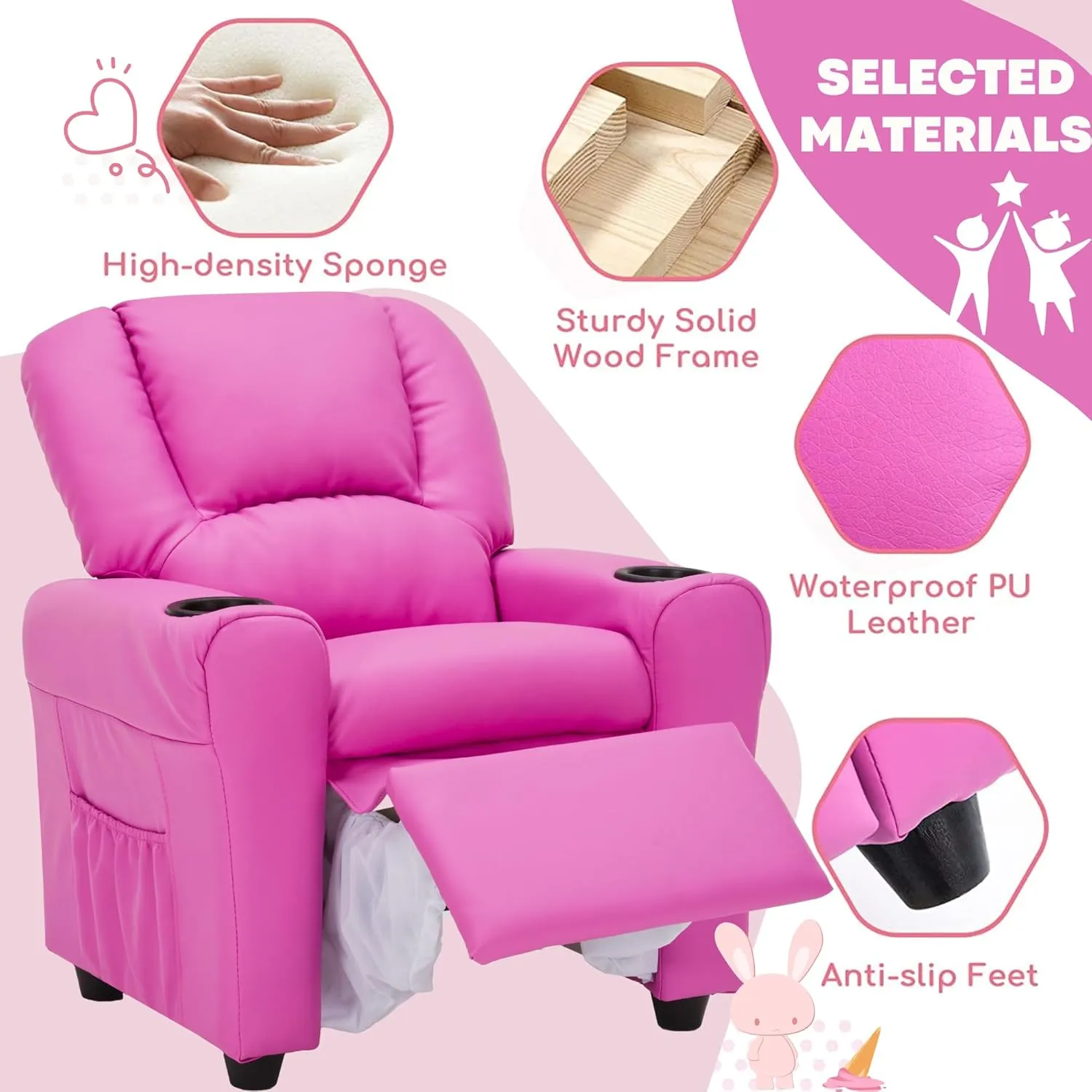 JC HOME Candy Kids Reclining Chair Leather Recliner Sofa Push Back Toddler Youth Children Child Ages 1-6