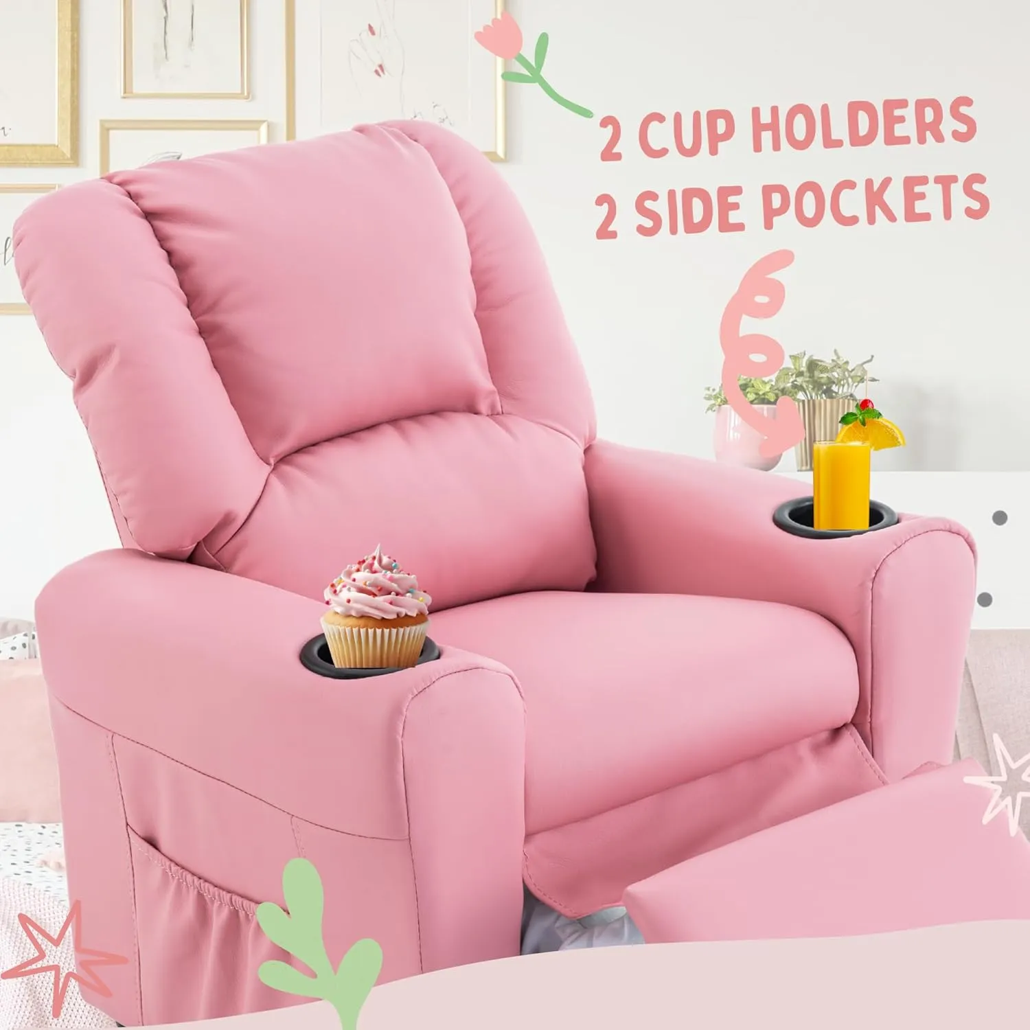 JC HOME Candy Kids Reclining Chair Leather Recliner Sofa Push Back Toddler Youth Children Child Ages 1-6