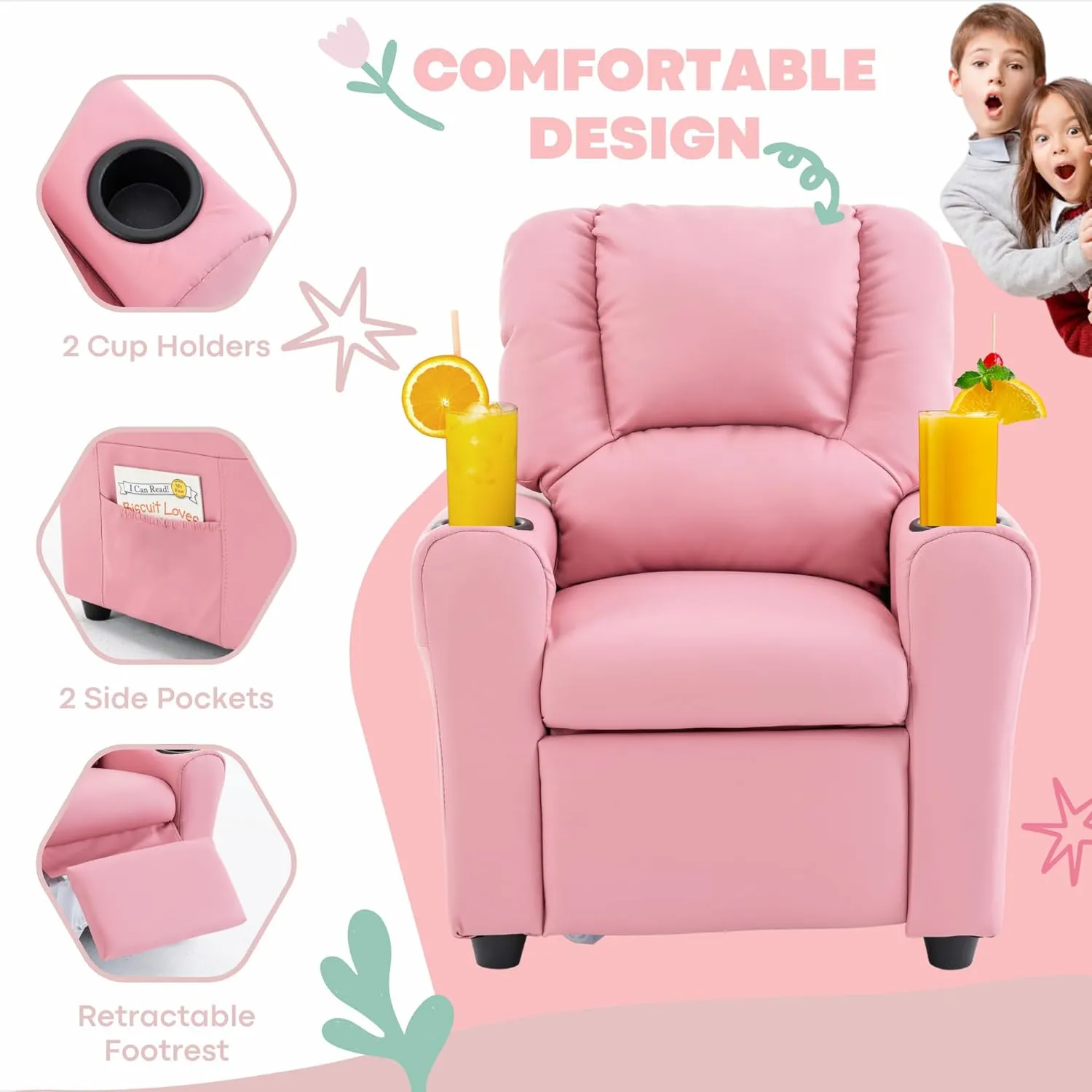 JC HOME Candy Kids Reclining Chair Leather Recliner Sofa Push Back Toddler Youth Children Child Ages 1-6