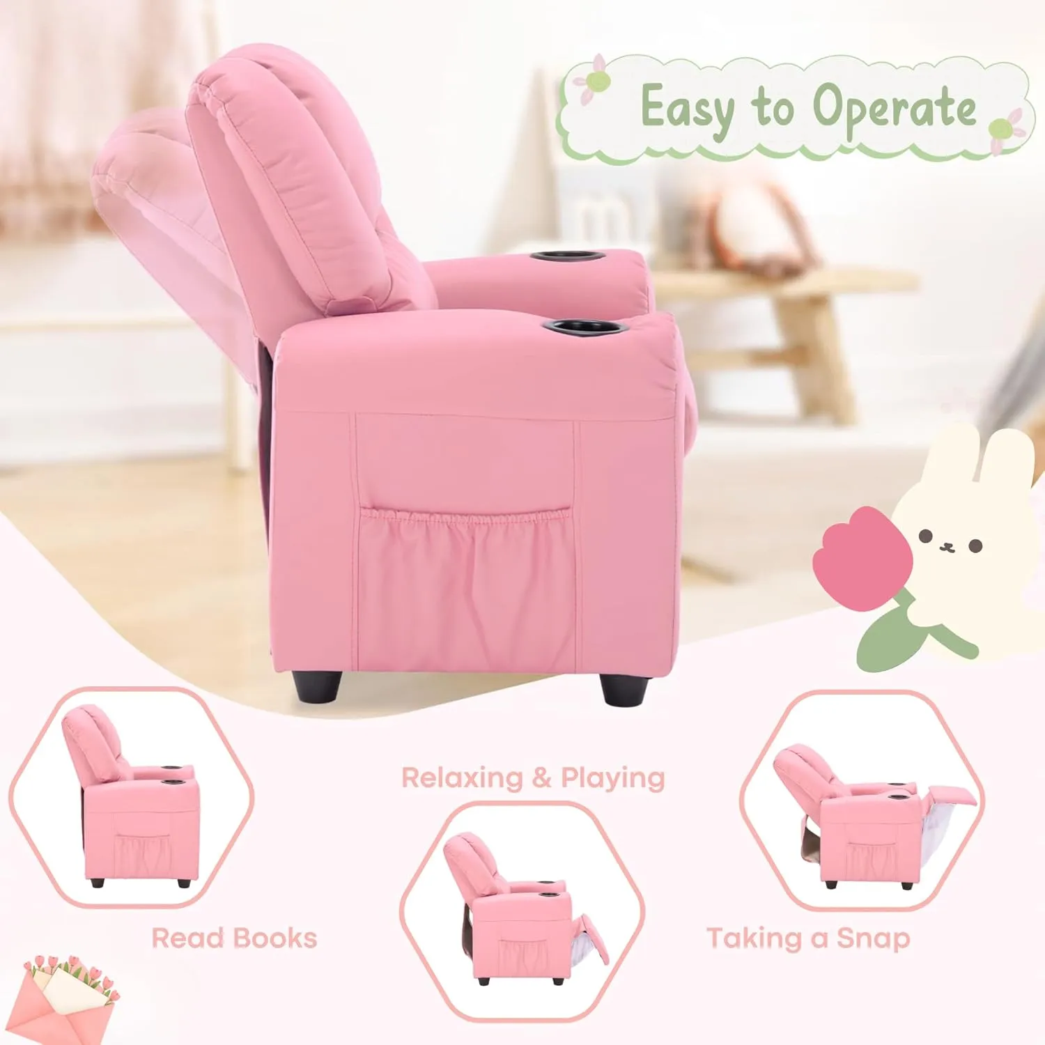 JC HOME Candy Kids Reclining Chair Leather Recliner Sofa Push Back Toddler Youth Children Child Ages 1-6
