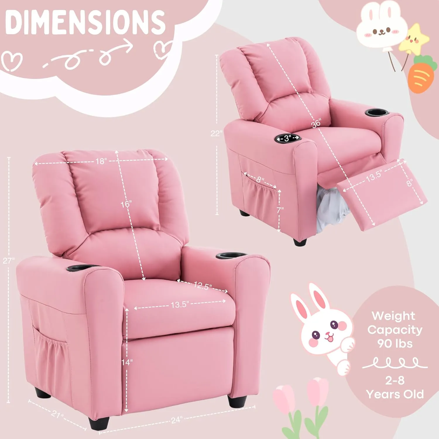 JC HOME Candy Kids Reclining Chair Leather Recliner Sofa Push Back Toddler Youth Children Child Ages 1-6