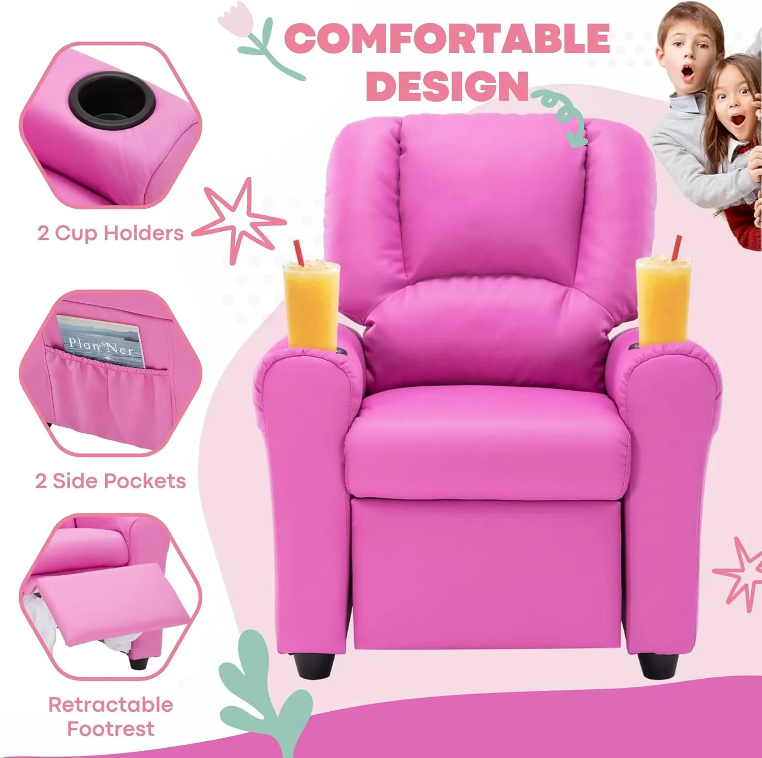 JC HOME Candy Kids Reclining Chair Leather Recliner Sofa Push Back Toddler Youth Children Child Ages 1-6