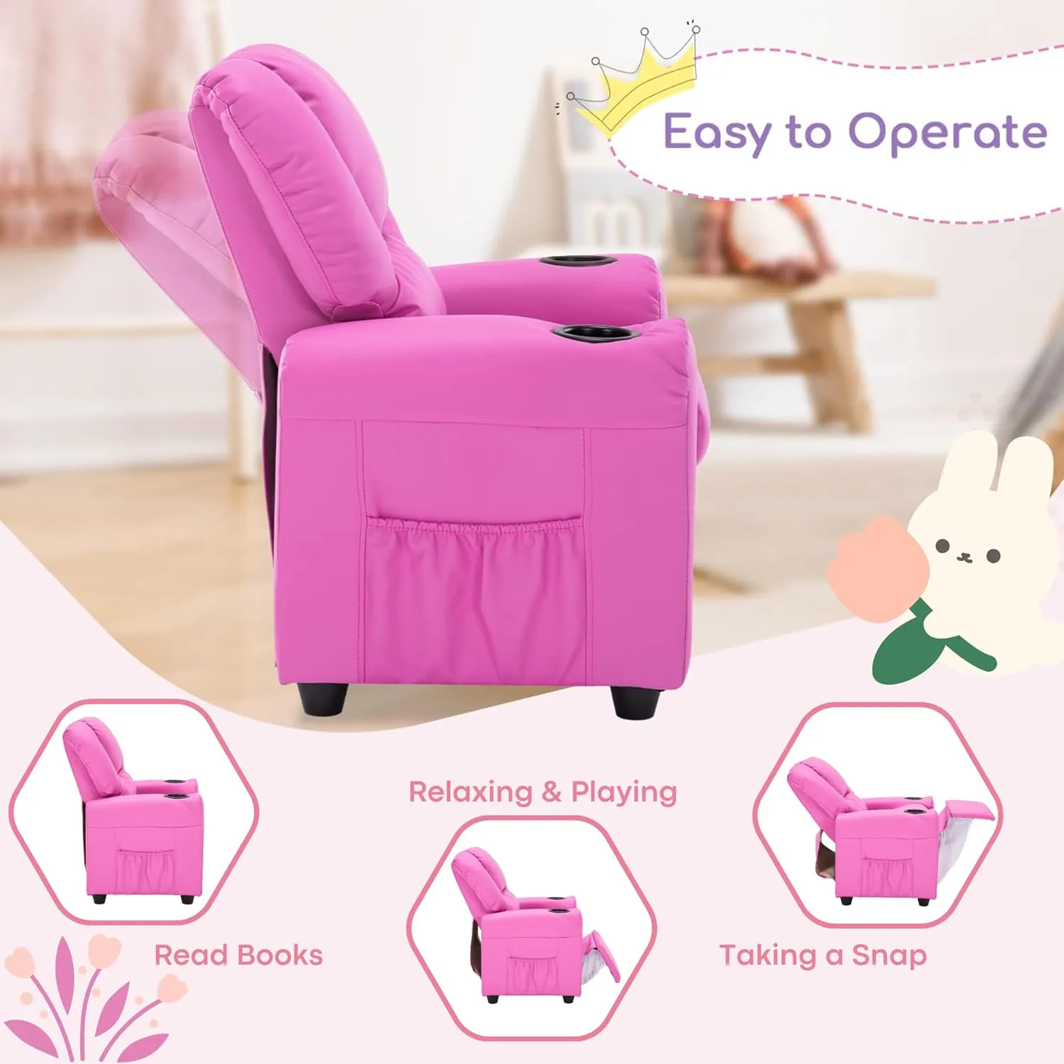 JC HOME Candy Kids Reclining Chair Leather Recliner Sofa Push Back Toddler Youth Children Child Ages 1-6