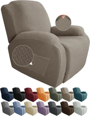 JIVINER 4-Piece Recliner Chair Covers Stretch Jacquard Covers for Reclining Chair Recliner Slipcovers for Living Room Soft Recliner Protector with Pocket (Recliner, Khaki)