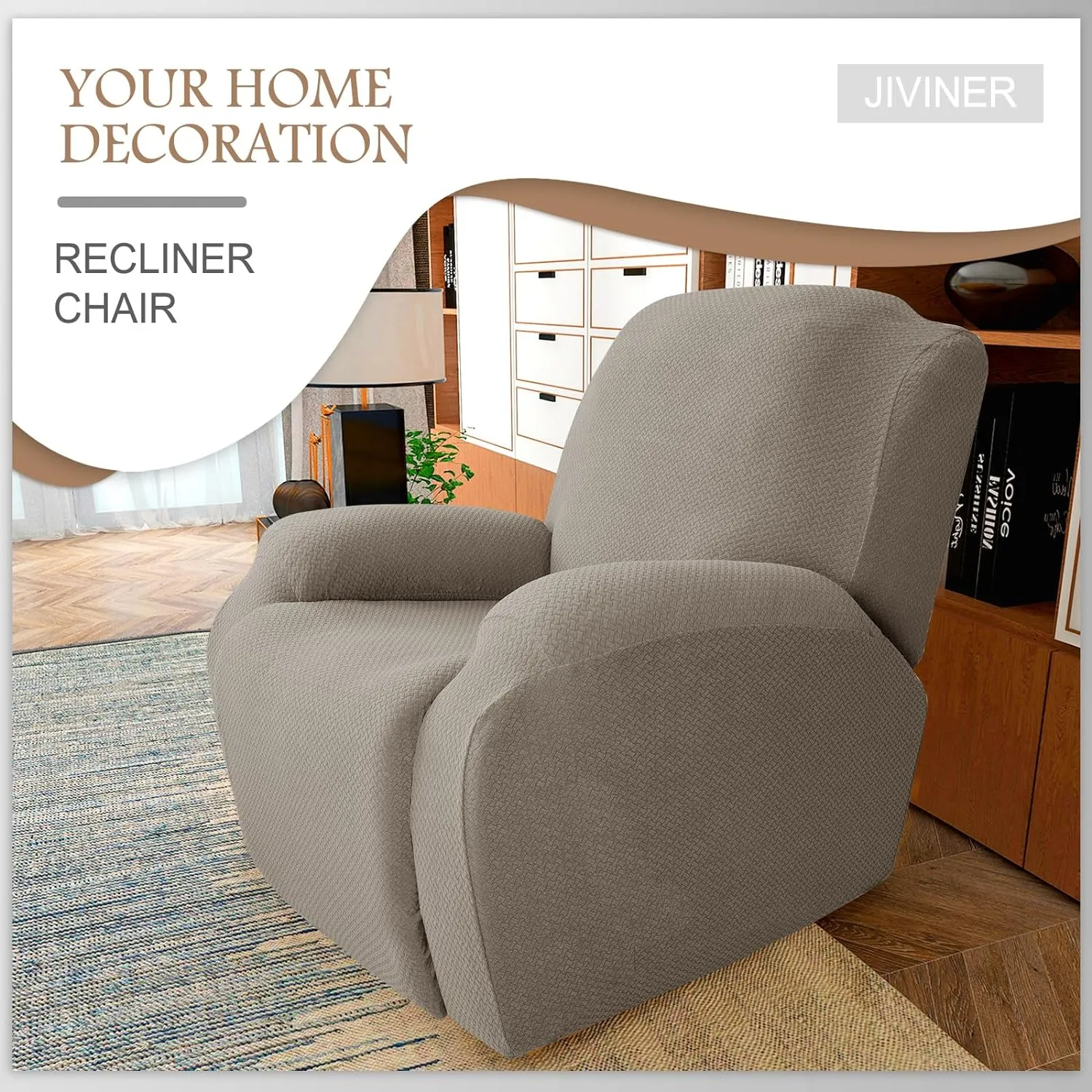 JIVINER 4-Piece Recliner Chair Covers Stretch Jacquard Covers for Reclining Chair Recliner Slipcovers for Living Room Soft Recliner Protector with Pocket (Recliner, Khaki)