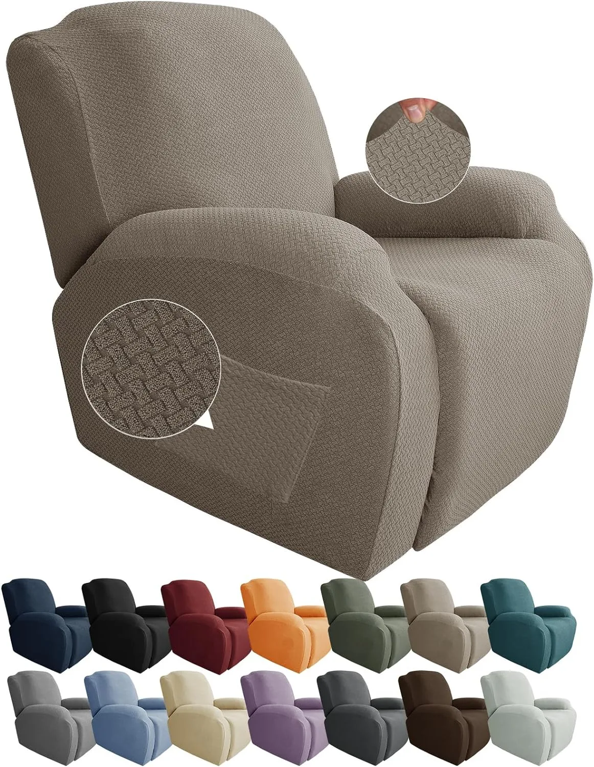 JIVINER 4-Piece Recliner Chair Covers Stretch Jacquard Covers for Reclining Chair Recliner Slipcovers for Living Room Soft Recliner Protector with Pocket (Recliner, Khaki)