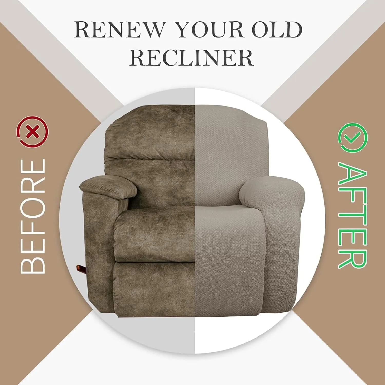 JIVINER 4-Piece Recliner Chair Covers Stretch Jacquard Covers for Reclining Chair Recliner Slipcovers for Living Room Soft Recliner Protector with Pocket (Recliner, Khaki)