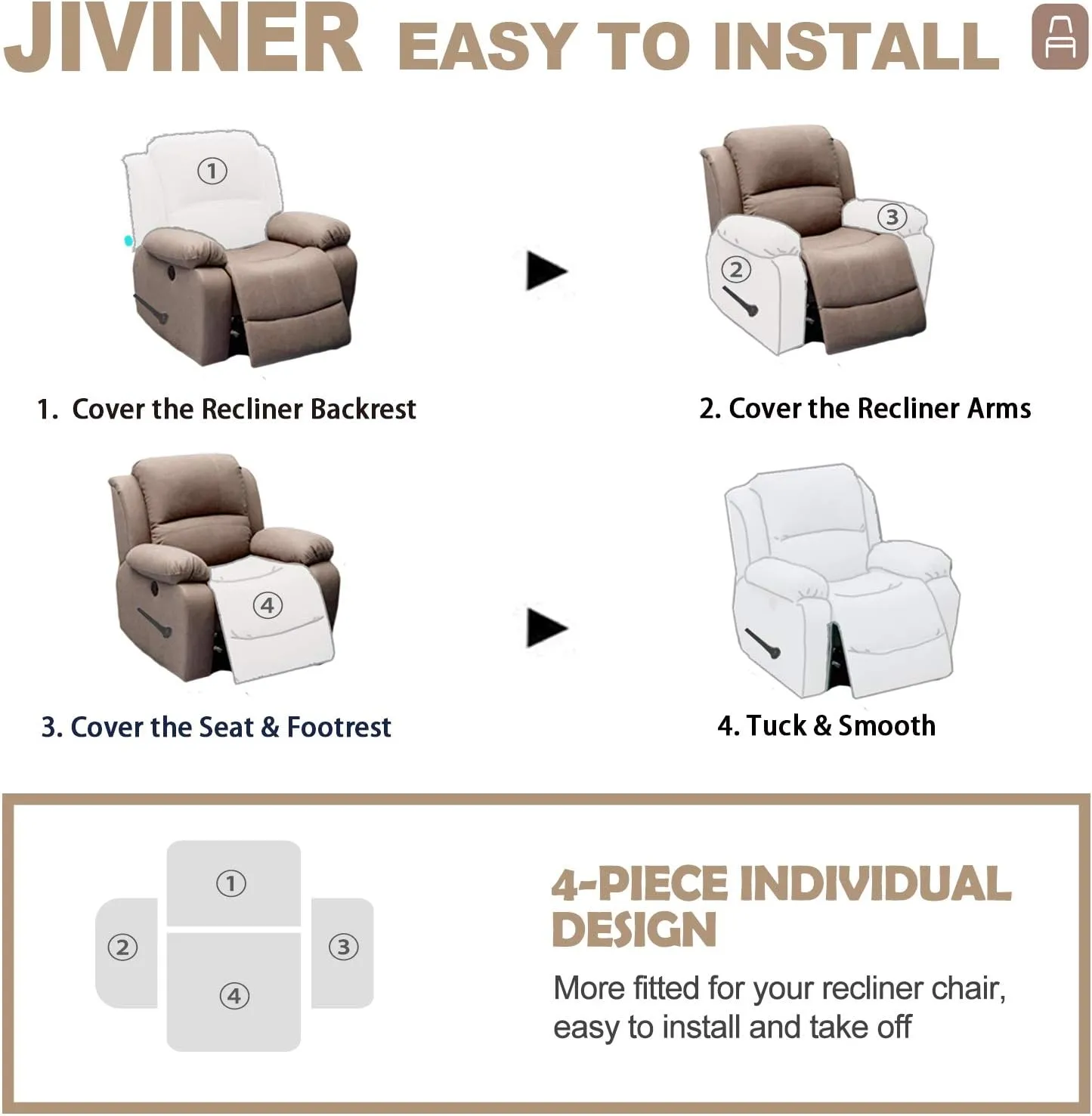 JIVINER 4-Piece Recliner Chair Covers Stretch Jacquard Covers for Reclining Chair Recliner Slipcovers for Living Room Soft Recliner Protector with Pocket (Recliner, Khaki)