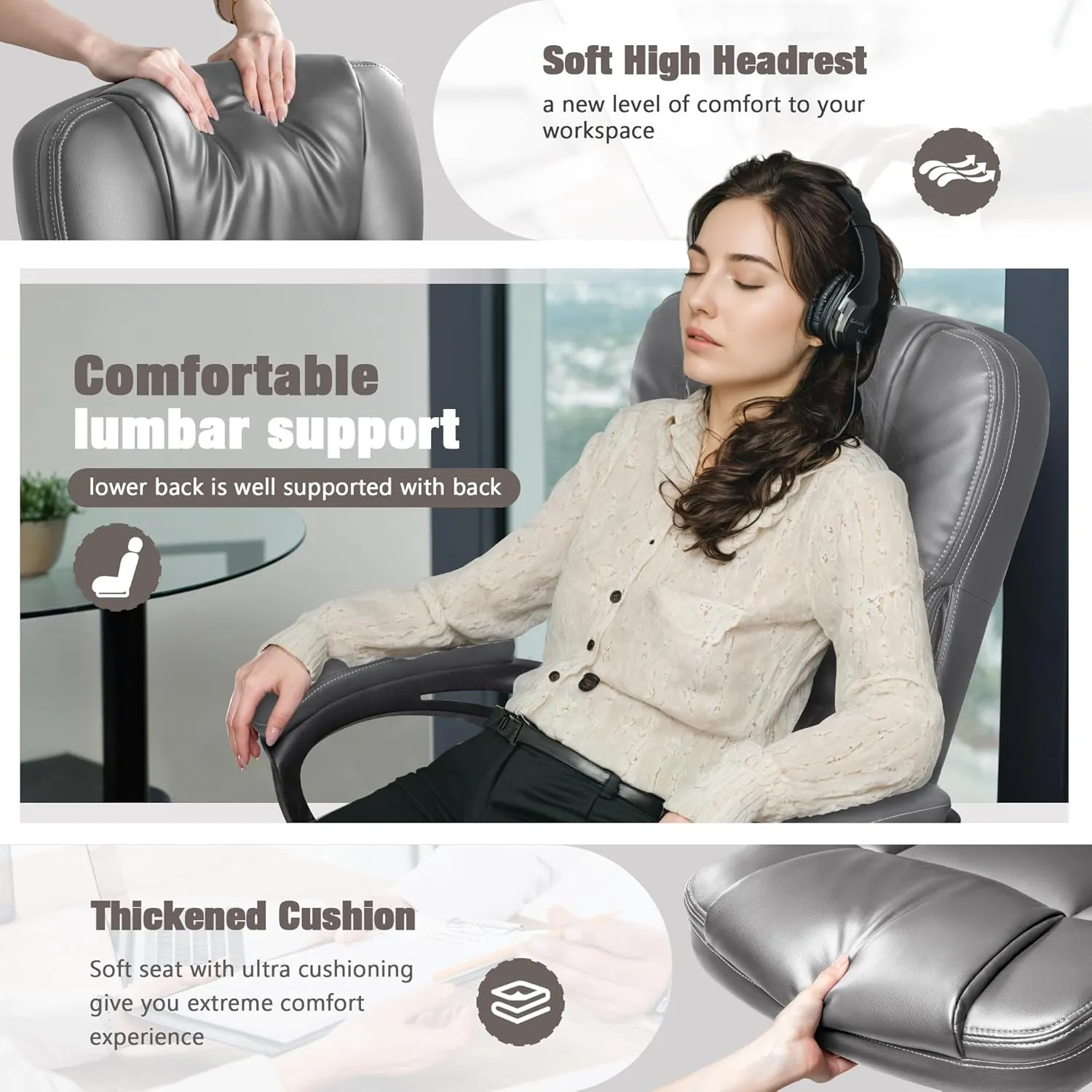 JUMMICO Executive Office Chair High Back Managerial Home Desk Chair, Adjustable Swivel Computer PU Leather Chair with Lumbar Support (Gray)