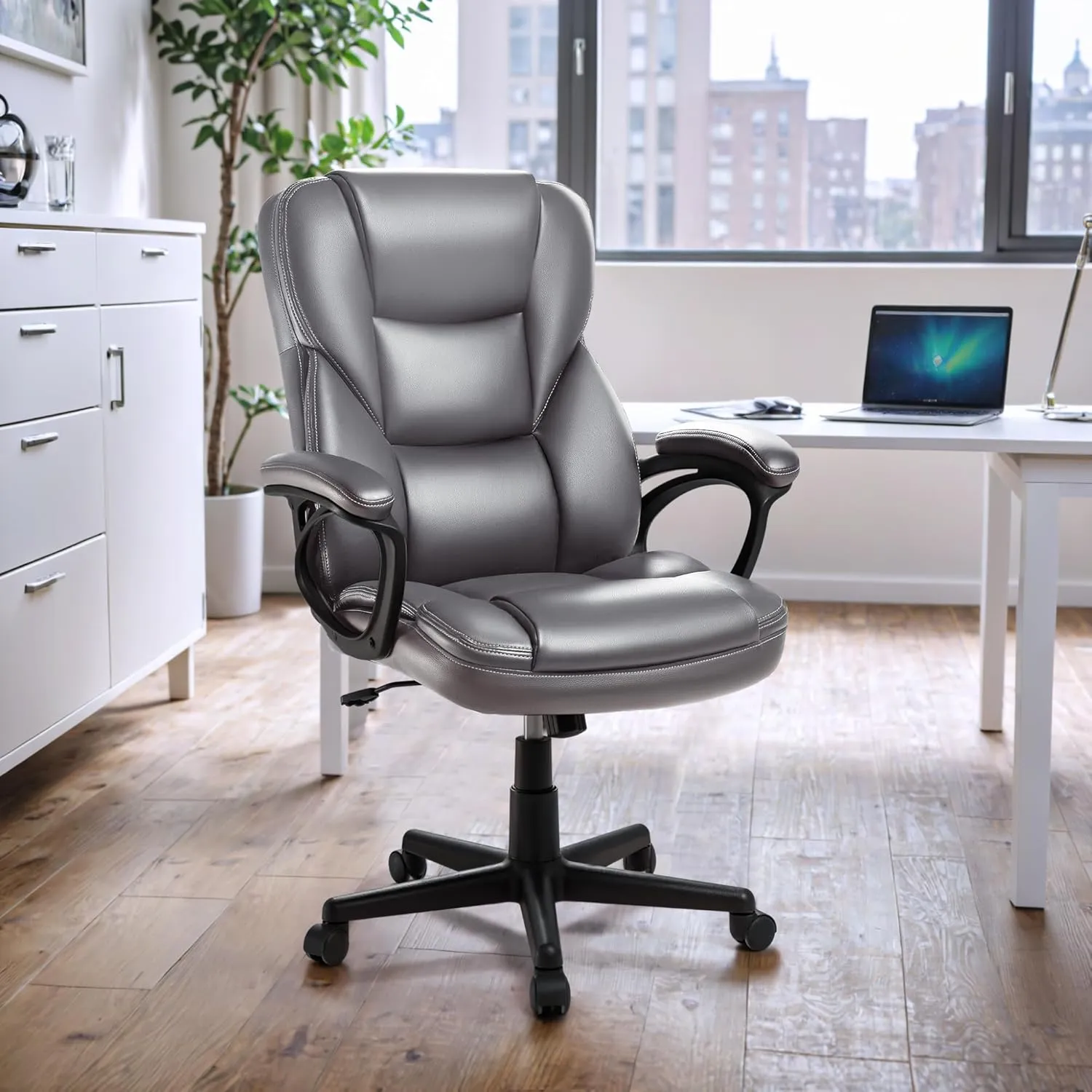 JUMMICO Executive Office Chair High Back Managerial Home Desk Chair, Adjustable Swivel Computer PU Leather Chair with Lumbar Support (Gray)