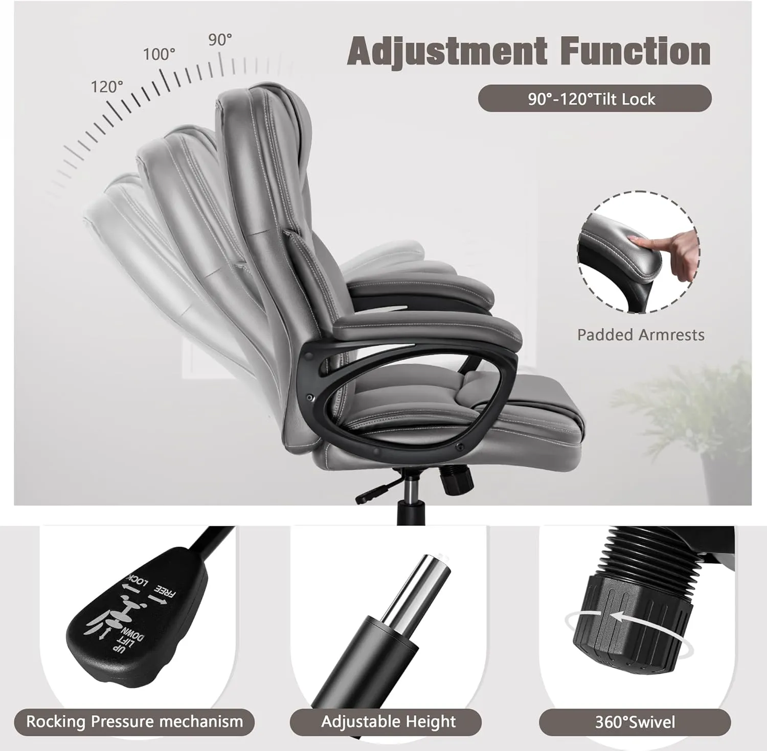 JUMMICO Executive Office Chair High Back Managerial Home Desk Chair, Adjustable Swivel Computer PU Leather Chair with Lumbar Support (Gray)