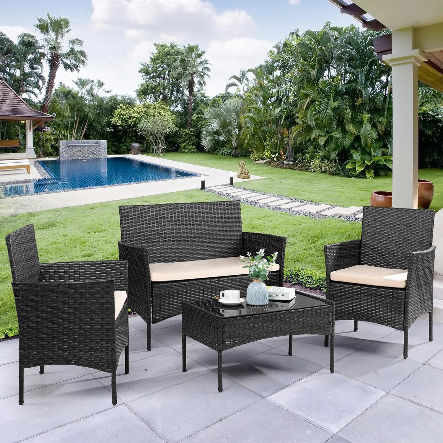 JY QAQA 4 Pieces Patio Furniture Sets All-Weather Rattan Chairs Wicker Set with Glass Coffee Table Outdoor Conversation Sets for Garden Balcony Porch Yard, Black