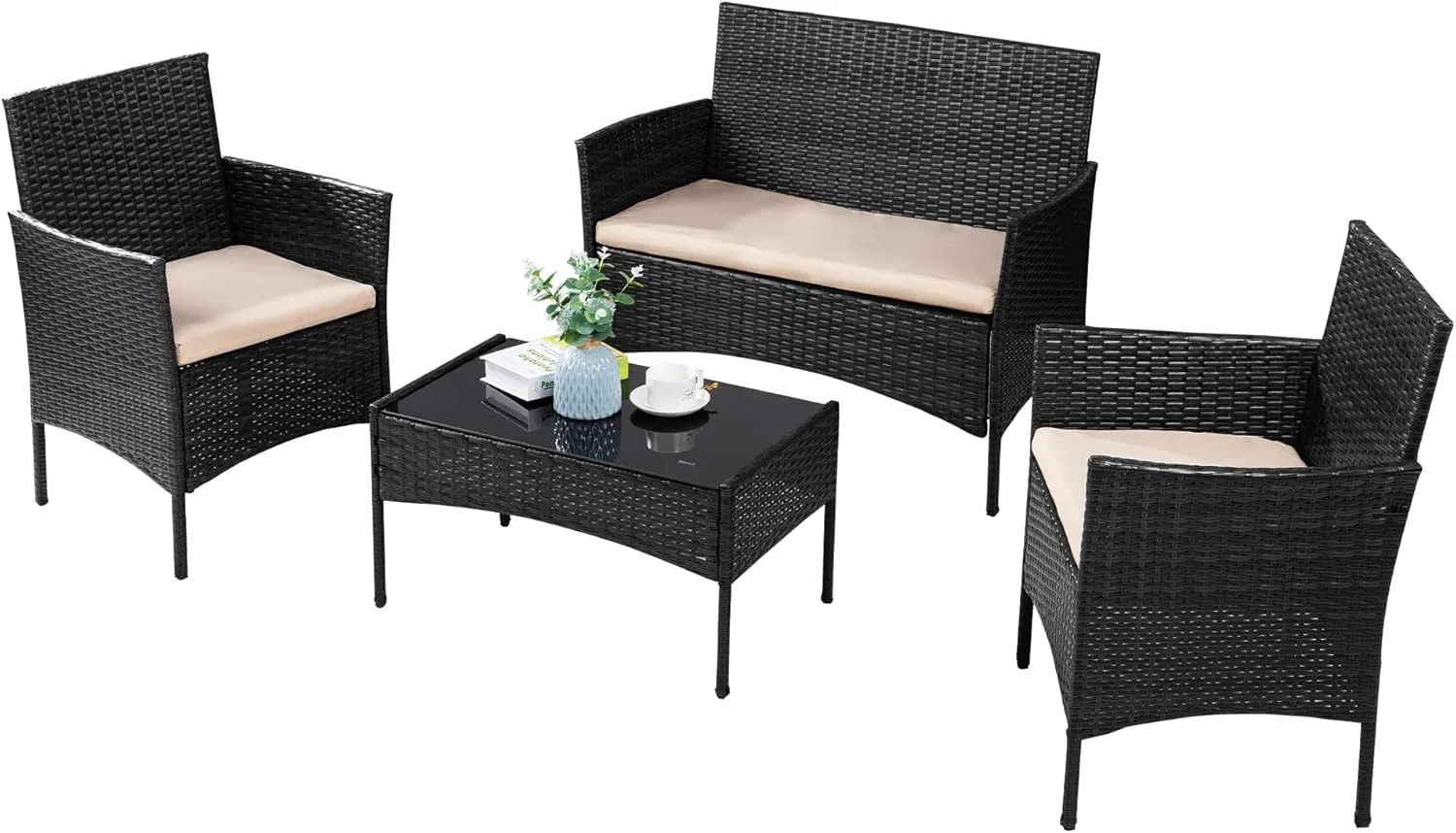 JY QAQA 4 Pieces Patio Furniture Sets All-Weather Rattan Chairs Wicker Set with Glass Coffee Table Outdoor Conversation Sets for Garden Balcony Porch Yard, Black