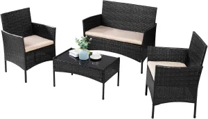 JY QAQA 4 Pieces Patio Furniture Sets All-Weather Rattan Chairs Wicker Set with Glass Coffee Table Outdoor Conversation Sets for Garden Balcony Porch Yard, Black
