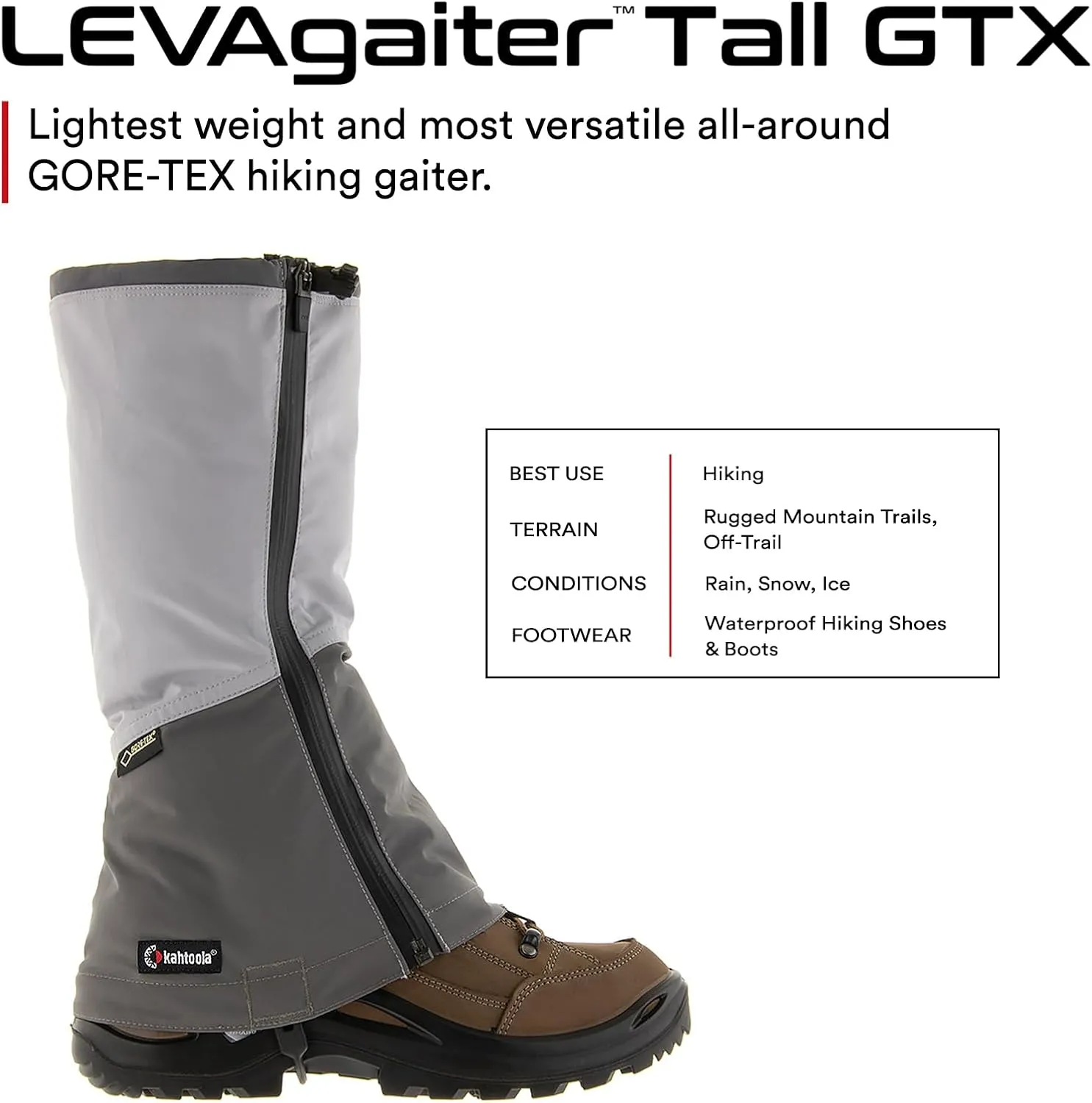 Kahtoola LEVAgaiter Tall GTX Gaiters, Waterproof Gore-TEX Shoe & Boot Protection for Mountaineering, Off-Trail Hiking in Mud, Snow & Ice