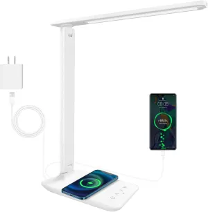 karidi LED Desk Lamp with Wireless Charger, Dimmable Table Lamp Reading Lamp with USB Charging Port, 5 Lighting Modes, Sensitive Control, Foldable Portable Desk Light for Home Office Bedroom Reading
