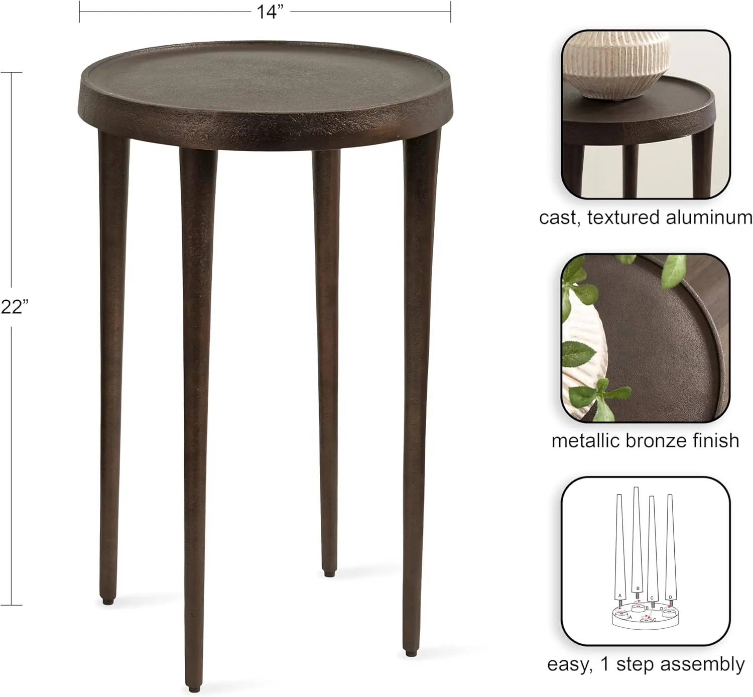 Kate and Laurel Rava Modern Metal Round Side Table, 14 x 14 x 22, Bronze, Cast Aluminum Accent Table for Use as Indoor Plant Stand or Living Room Decor Piece