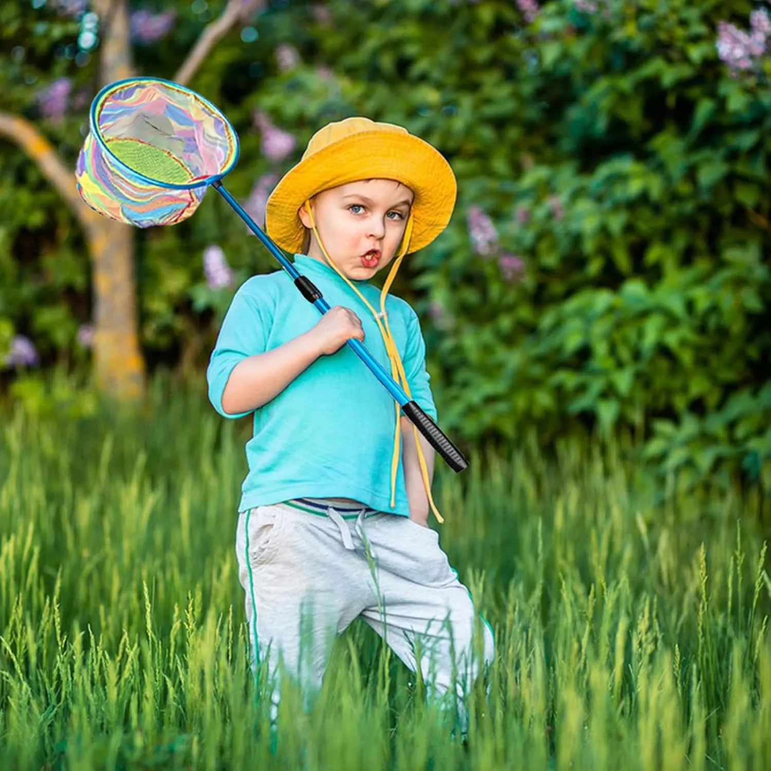 Kids Fishing Nets with Bucket Fishing Retractable Landing Net Lightweight Aluminum Pole with Non-Slip Handle for Catch and Release and Release Frogs Butterfly Youth Outdoor