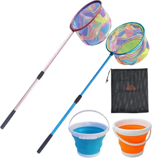 Kids Fishing Nets with Bucket Fishing Retractable Landing Net Lightweight Aluminum Pole with Non-Slip Handle for Catch and Release and Release Frogs Butterfly Youth Outdoor
