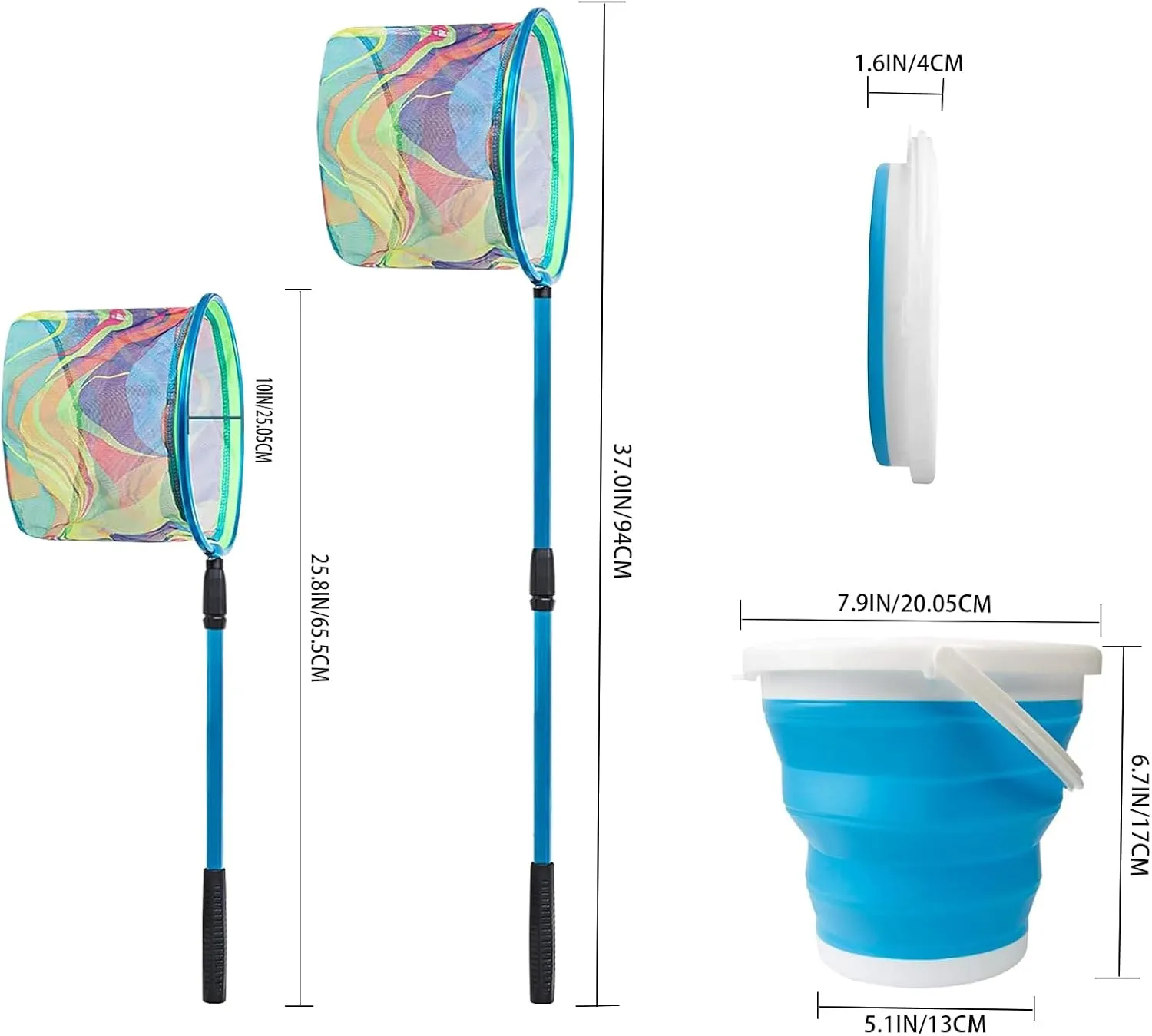 Kids Fishing Nets with Bucket Fishing Retractable Landing Net Lightweight Aluminum Pole with Non-Slip Handle for Catch and Release and Release Frogs Butterfly Youth Outdoor