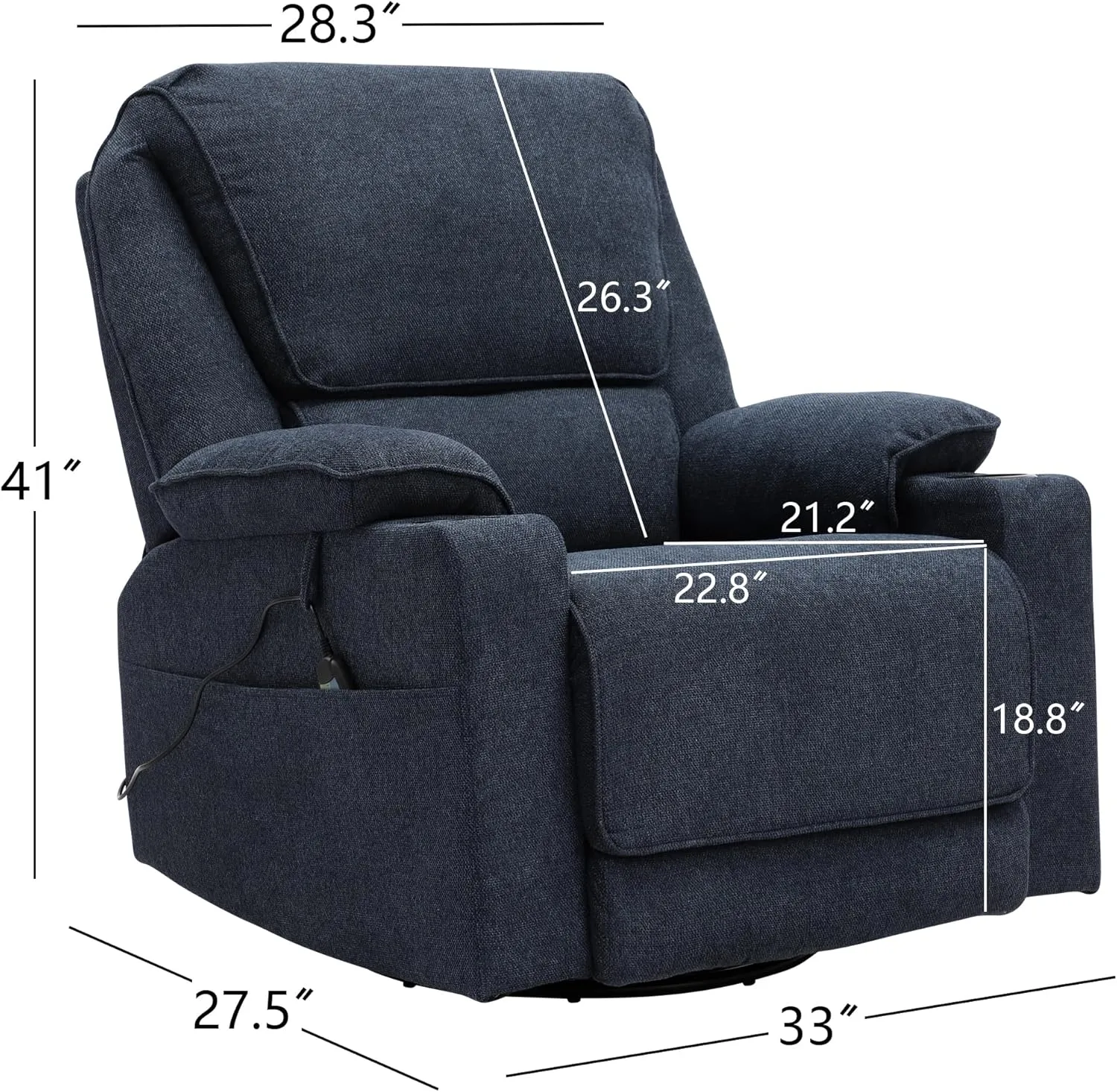 KIGOTY Recliner Chair Swivel Glider with Cup Holder, Recliners with Massage and Heating, Manual Reclining Chair with Footrest and 360 Swivel Rotation Base for Living Room(Navy Blue)