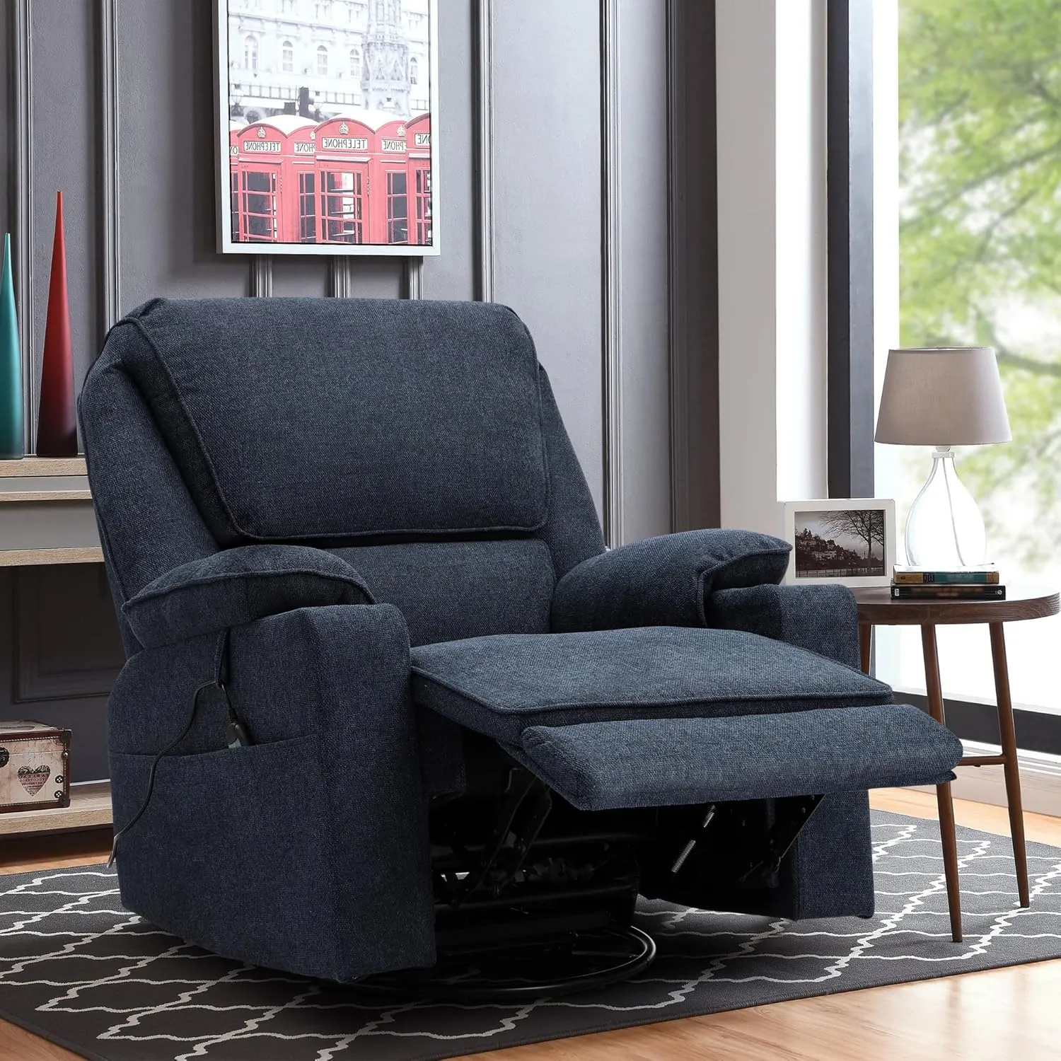 KIGOTY Recliner Chair Swivel Glider with Cup Holder, Recliners with Massage and Heating, Manual Reclining Chair with Footrest and 360 Swivel Rotation Base for Living Room(Navy Blue)