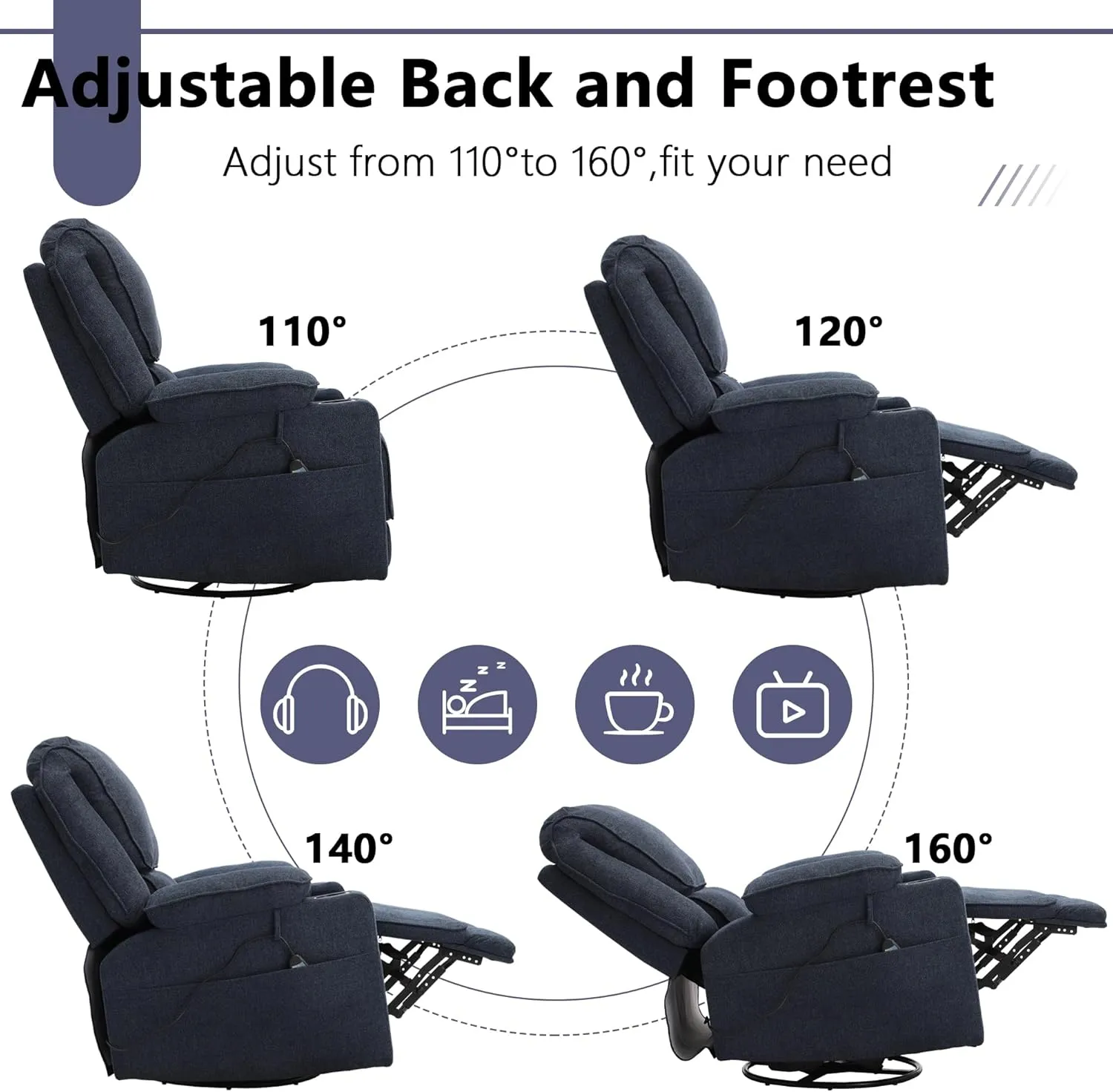 KIGOTY Recliner Chair Swivel Glider with Cup Holder, Recliners with Massage and Heating, Manual Reclining Chair with Footrest and 360 Swivel Rotation Base for Living Room(Navy Blue)