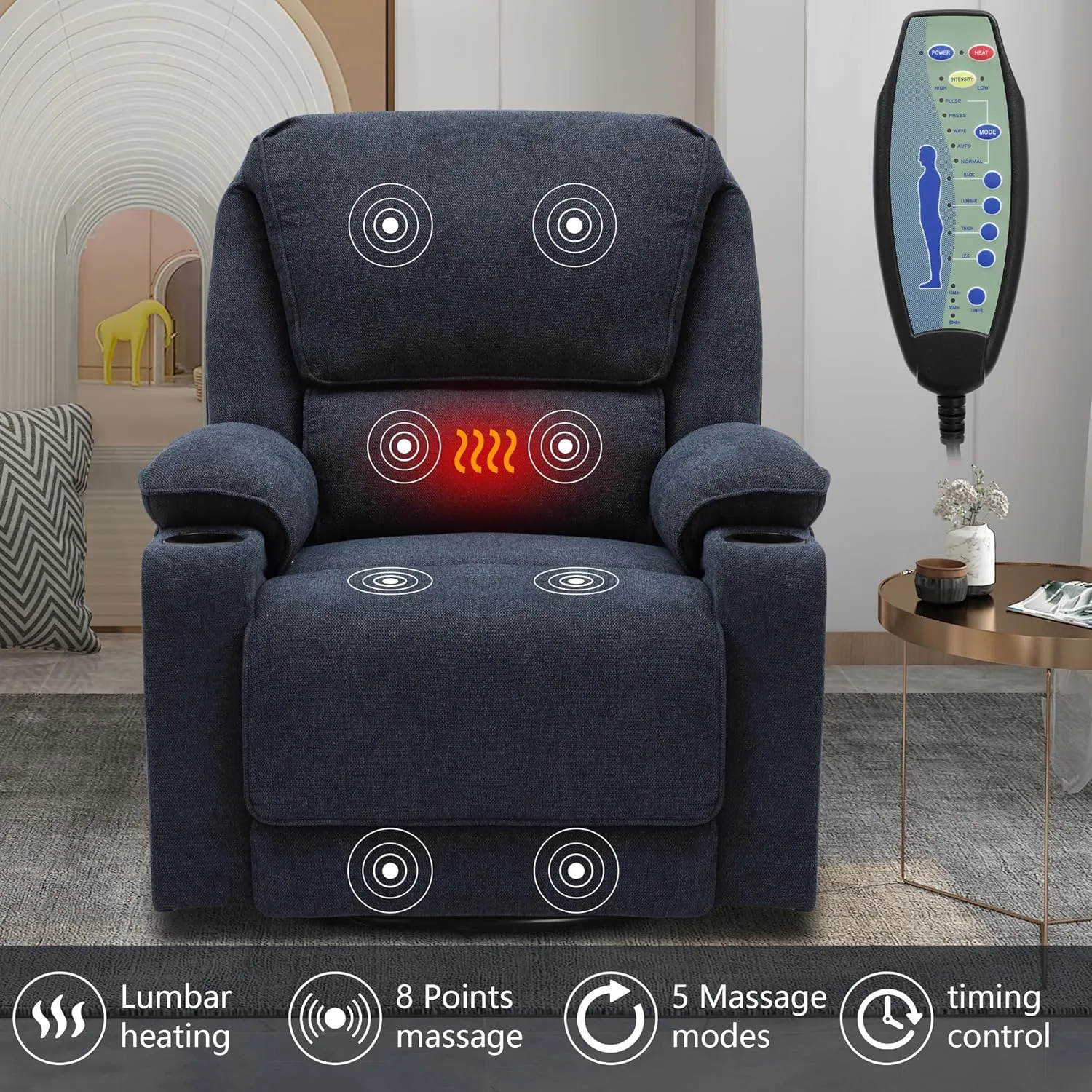 KIGOTY Recliner Chair Swivel Glider with Cup Holder, Recliners with Massage and Heating, Manual Reclining Chair with Footrest and 360 Swivel Rotation Base for Living Room(Navy Blue)