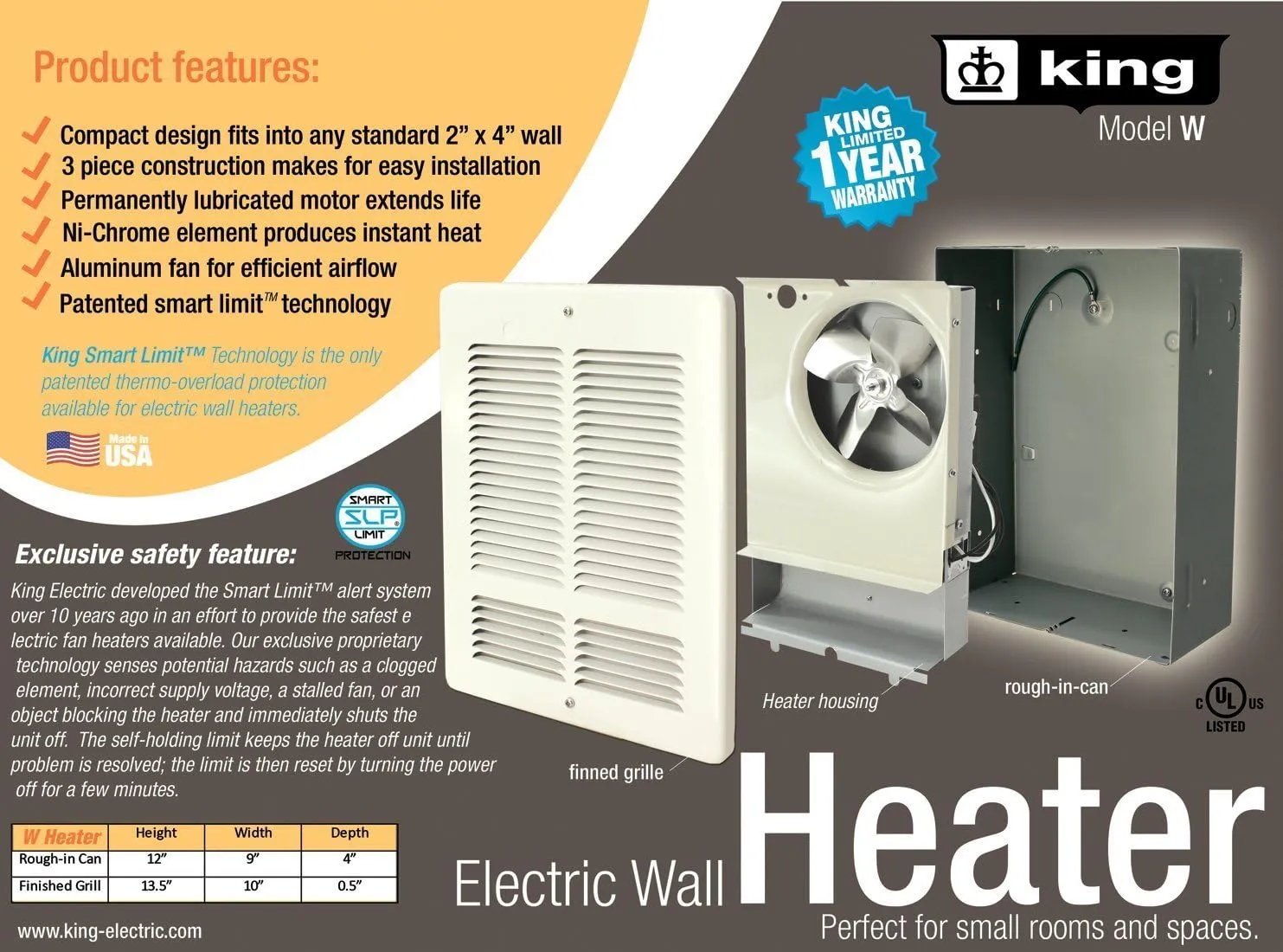 KING W1215-W W Series Wall Heater, 1500W / 120V, White