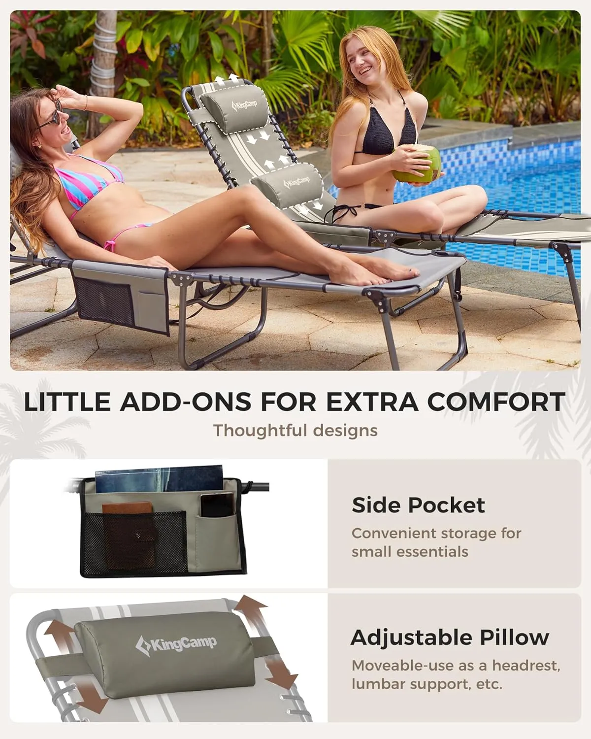 KingCamp Tanning Chair with Face Hole, Lounge Chairs Outdoor Folding Portable Comfy Adjustable 5-Position Lay Flat Foldable Chaise Chaser Lounger for Outside Beach Patio Sun Bathing Pool, Grey/White
