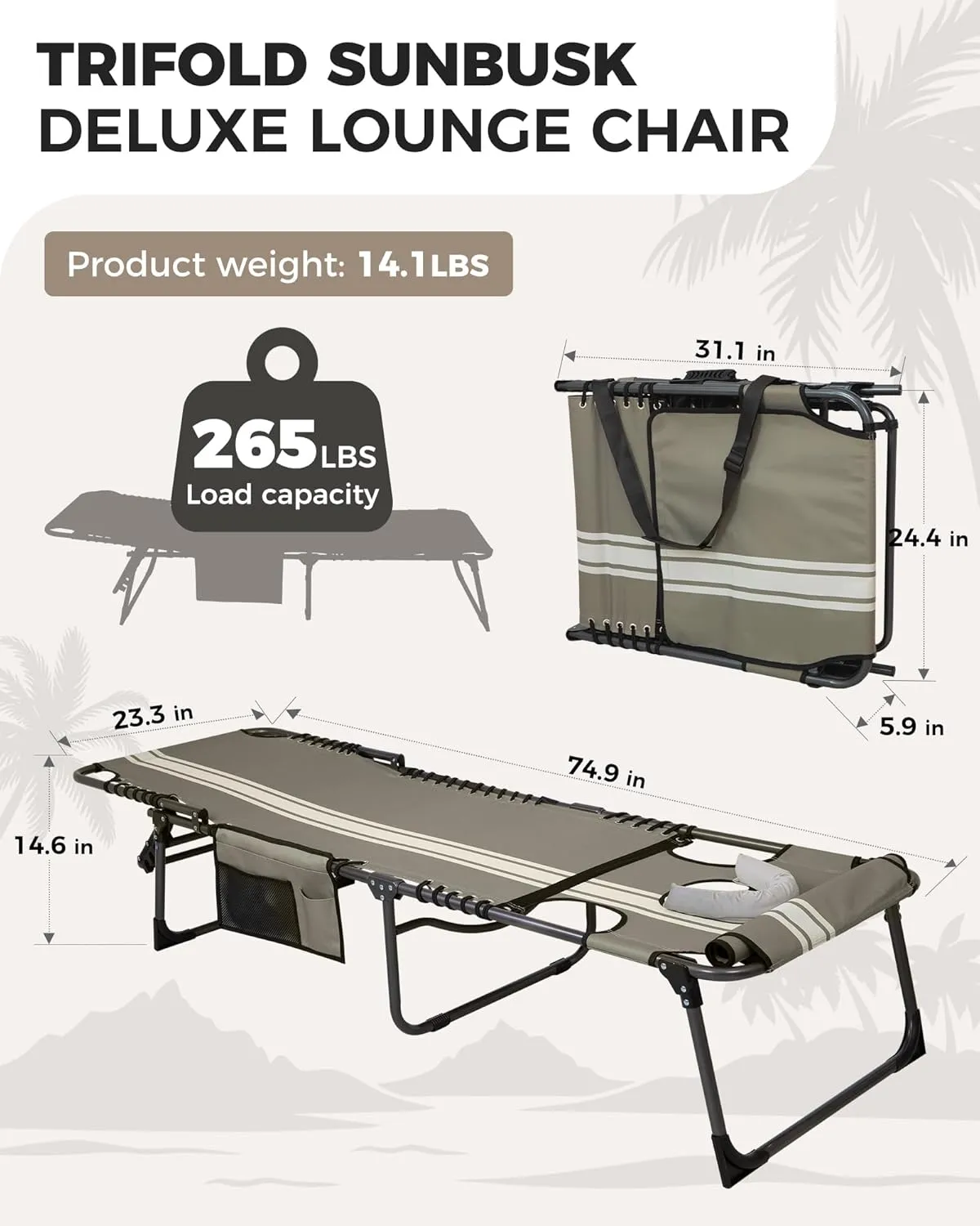 KingCamp Tanning Chair with Face Hole, Lounge Chairs Outdoor Folding Portable Comfy Adjustable 5-Position Lay Flat Foldable Chaise Chaser Lounger for Outside Beach Patio Sun Bathing Pool, Grey/White
