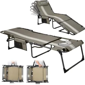 KingCamp Tanning Chair with Face Hole, Lounge Chairs Outdoor Folding Portable Comfy Adjustable 5-Position Lay Flat Foldable Chaise Chaser Lounger for Outside Beach Patio Sun Bathing Pool, Grey/White