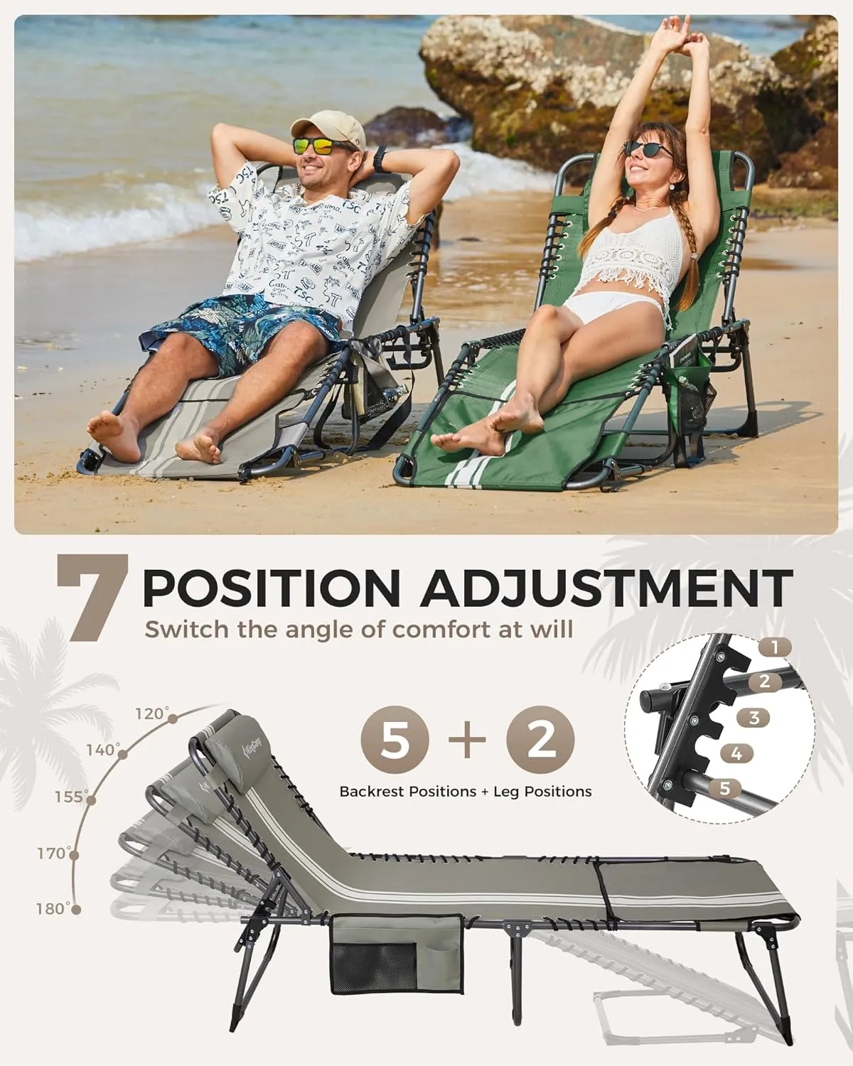 KingCamp Tanning Chair with Face Hole, Lounge Chairs Outdoor Folding Portable Comfy Adjustable 5-Position Lay Flat Foldable Chaise Chaser Lounger for Outside Beach Patio Sun Bathing Pool, Grey/White