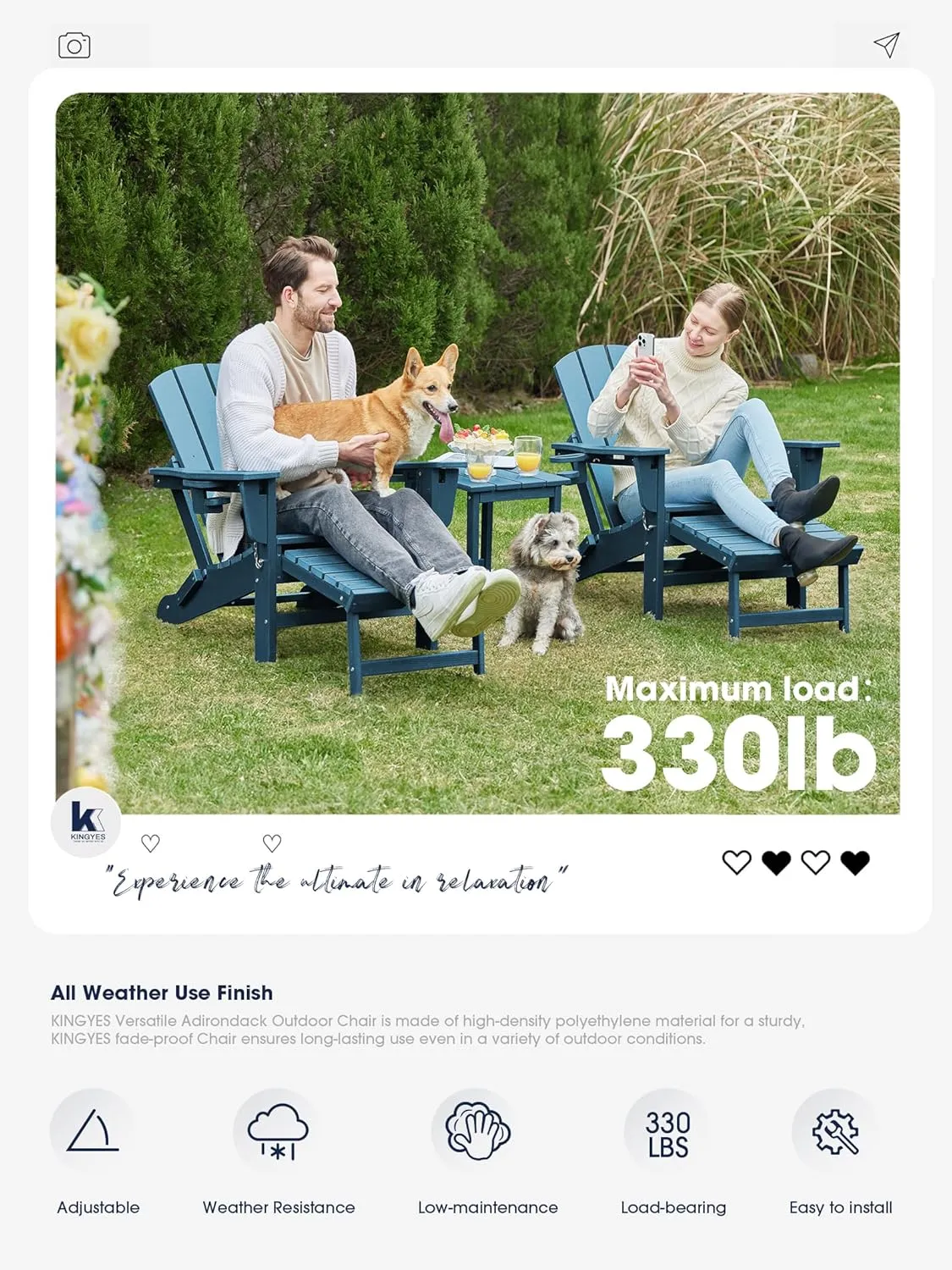 KINGYES Folding Adjustable Adirondack Chair with Retractable Ottoman, HDPE Reclining Adirondack Chair with Cup Holder, Blue