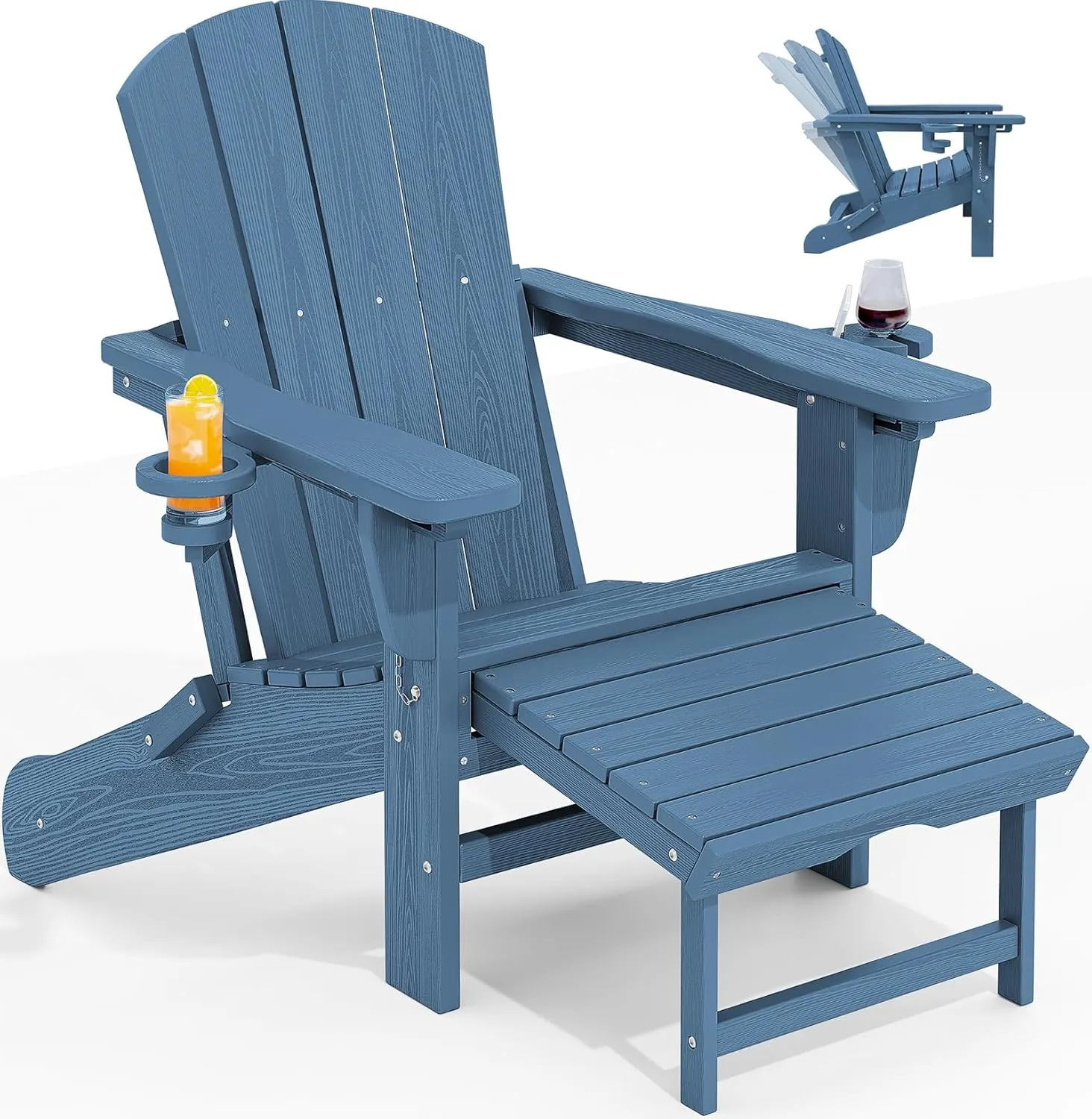 KINGYES Folding Adjustable Adirondack Chair with Retractable Ottoman, HDPE Reclining Adirondack Chair with Cup Holder, Blue
