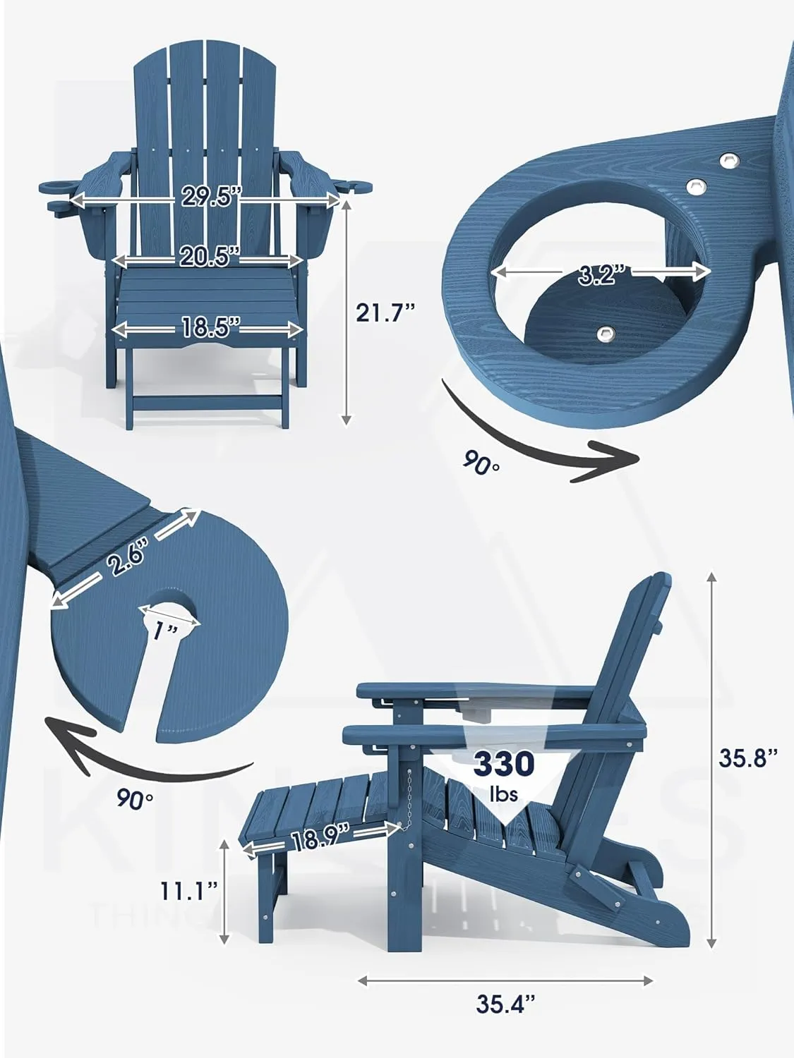 KINGYES Folding Adjustable Adirondack Chair with Retractable Ottoman, HDPE Reclining Adirondack Chair with Cup Holder, Blue
