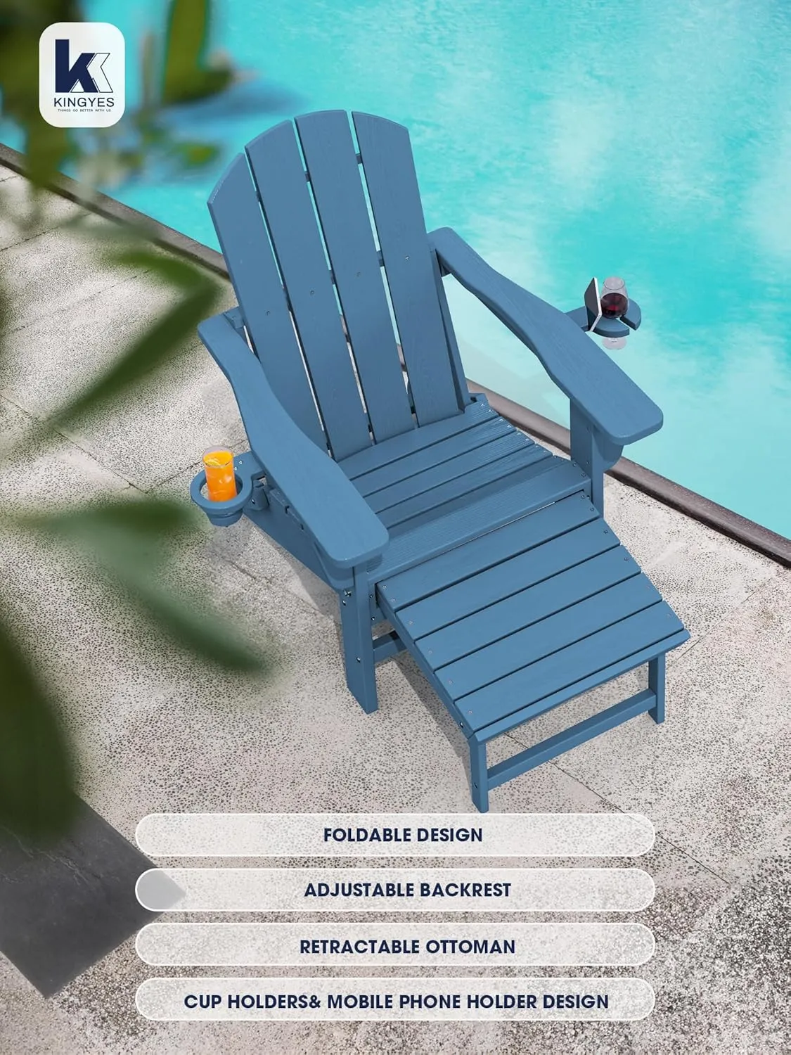 KINGYES Folding Adjustable Adirondack Chair with Retractable Ottoman, HDPE Reclining Adirondack Chair with Cup Holder, Blue