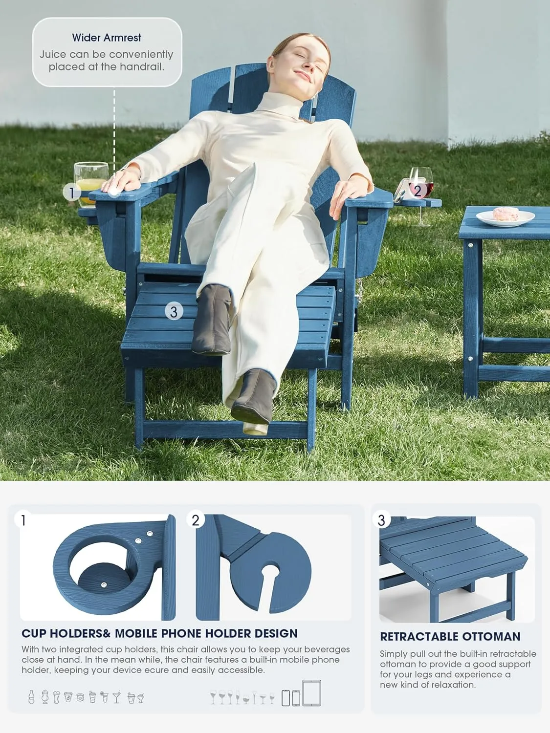 KINGYES Folding Adjustable Adirondack Chair with Retractable Ottoman, HDPE Reclining Adirondack Chair with Cup Holder, Blue