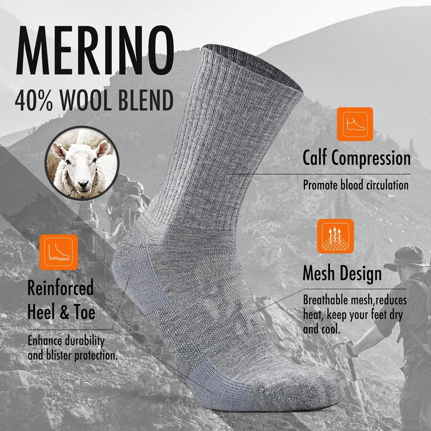 KitNSox 1/4 Pack Men's Women's Merino Wool Hiking Running Socks Crew Warm Thick Cushioned Outdoor Walking Sport Athletic Sock