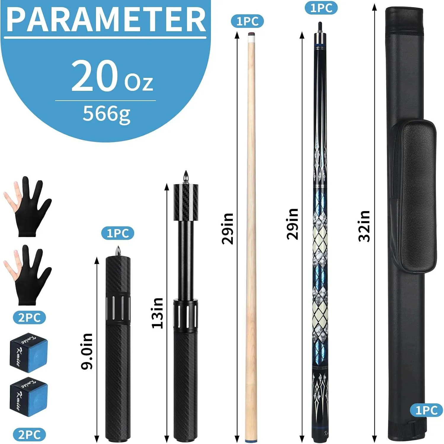 Kmise Professional Pool Cue Stick - Canadian Maple Pool Sticks with Low Deflection Shaft and Telescopic Carbon Fiber Extension, Set Comes with Leather Cue Case