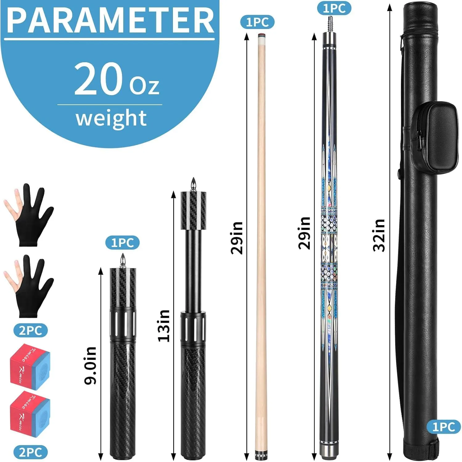 Kmise Professional Pool Cue Stick - Canadian Maple Pool Sticks with Low Deflection Shaft and Telescopic Carbon Fiber Extension, Set Comes with Leather Cue Case