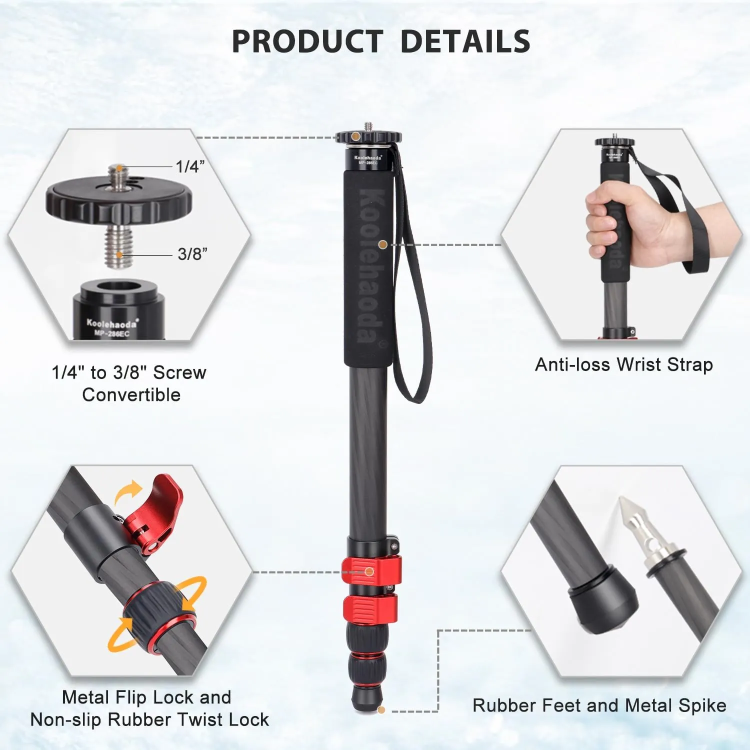 Koolehaoda Monopod for Camera, 65" Carbon Fiber Portable Compact Lightweight Travel Monopod Unipod Stick for DSLR Canon Nikon Sony Video Camcorder, Easy to Carry (MP-285EC)