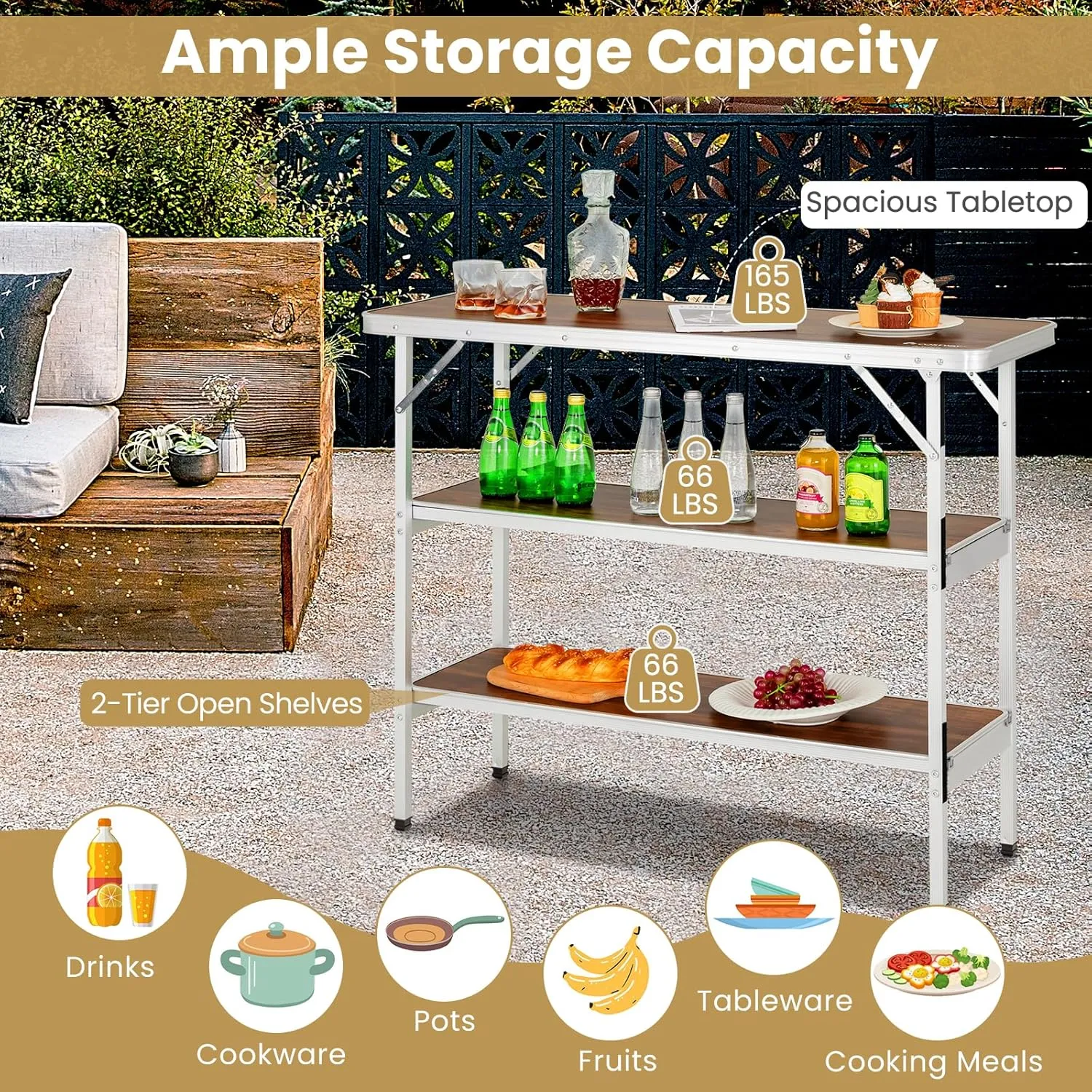 KOTEK Folding Camping Table with 2-Tier Storage Shelves, Removable Privacy Skirt & Carry Bag, Easy Setup, Portable Bar Table for Events, Party, Picnic, BBQ, Trade-Show and Indoor Use(43.5”L x 15”W)