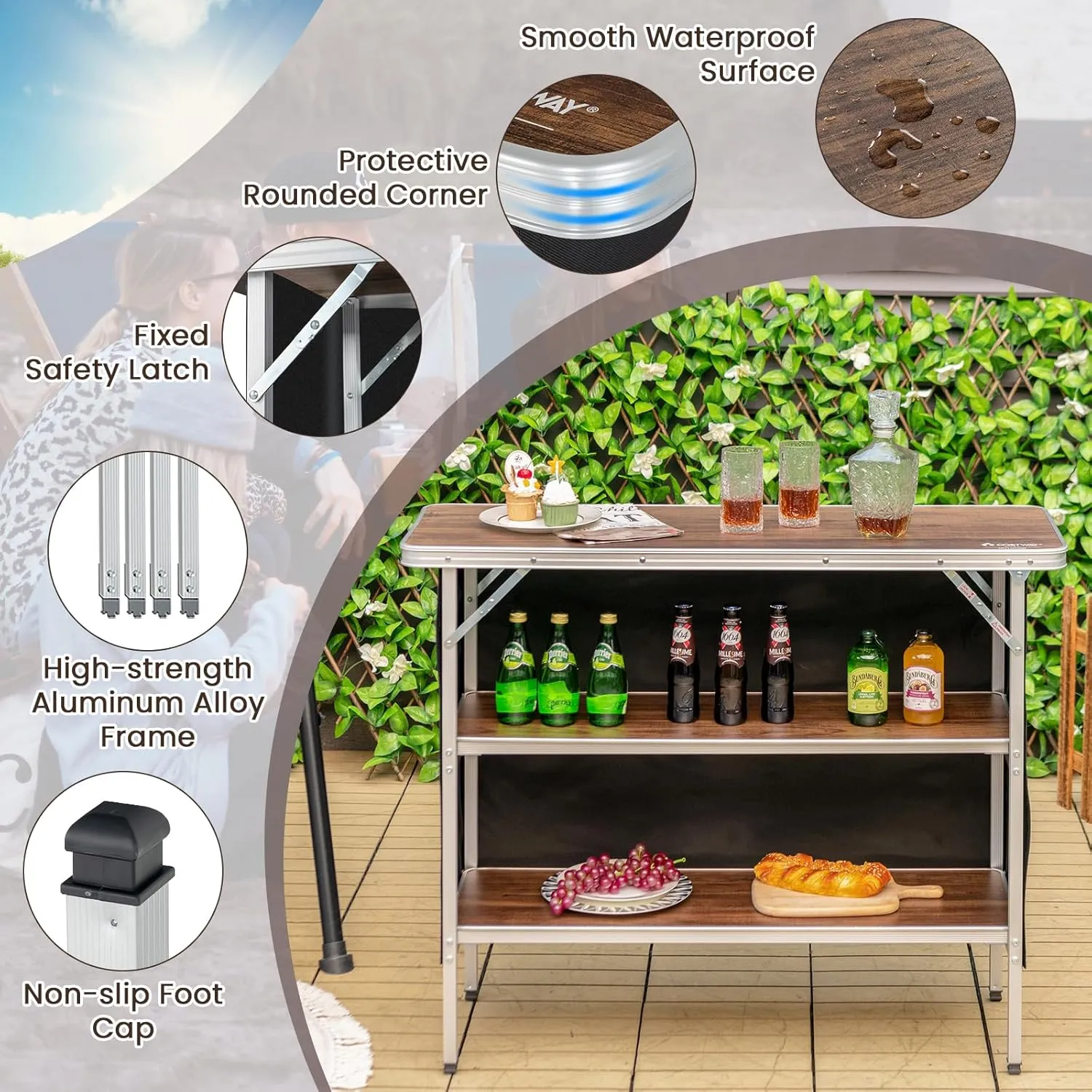 KOTEK Folding Camping Table with 2-Tier Storage Shelves, Removable Privacy Skirt & Carry Bag, Easy Setup, Portable Bar Table for Events, Party, Picnic, BBQ, Trade-Show and Indoor Use(43.5”L x 15”W)