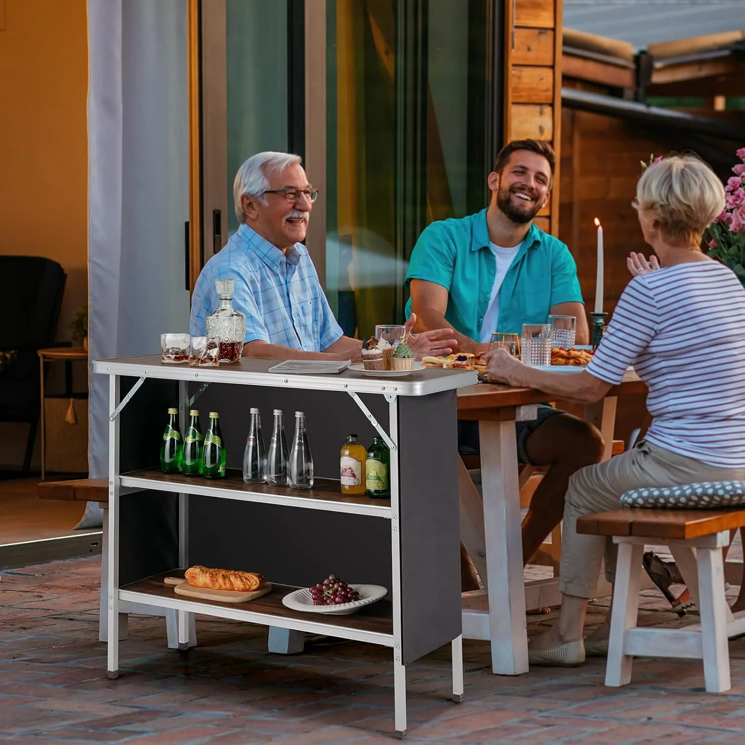 KOTEK Folding Camping Table with 2-Tier Storage Shelves, Removable Privacy Skirt & Carry Bag, Easy Setup, Portable Bar Table for Events, Party, Picnic, BBQ, Trade-Show and Indoor Use(43.5”L x 15”W)