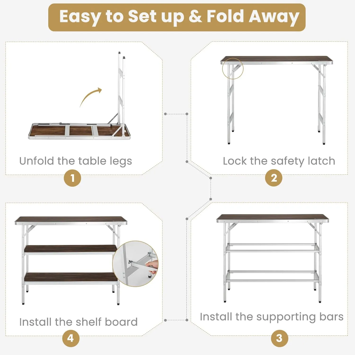 KOTEK Folding Camping Table with 2-Tier Storage Shelves, Removable Privacy Skirt & Carry Bag, Easy Setup, Portable Bar Table for Events, Party, Picnic, BBQ, Trade-Show and Indoor Use(43.5”L x 15”W)