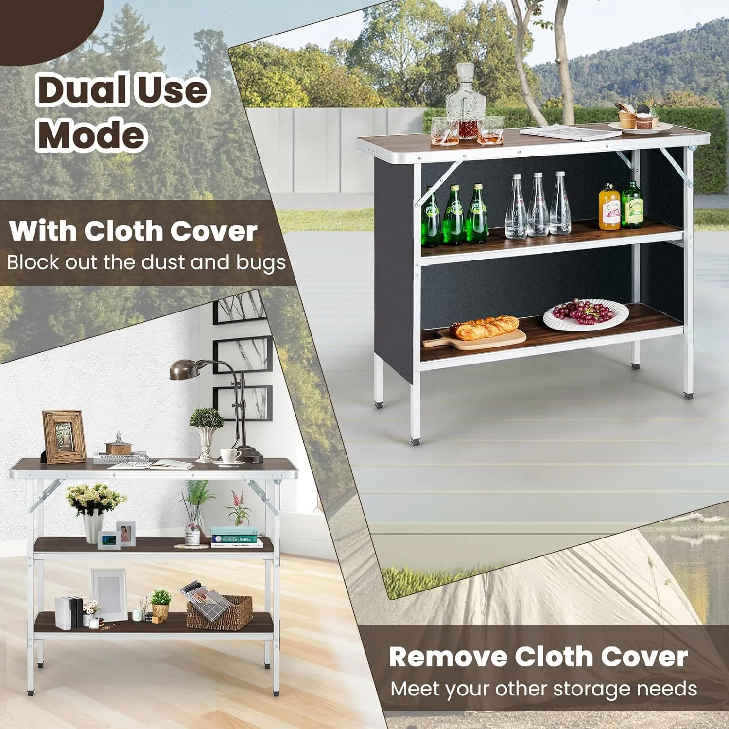 KOTEK Folding Camping Table with 2-Tier Storage Shelves, Removable Privacy Skirt & Carry Bag, Easy Setup, Portable Bar Table for Events, Party, Picnic, BBQ, Trade-Show and Indoor Use(43.5”L x 15”W)