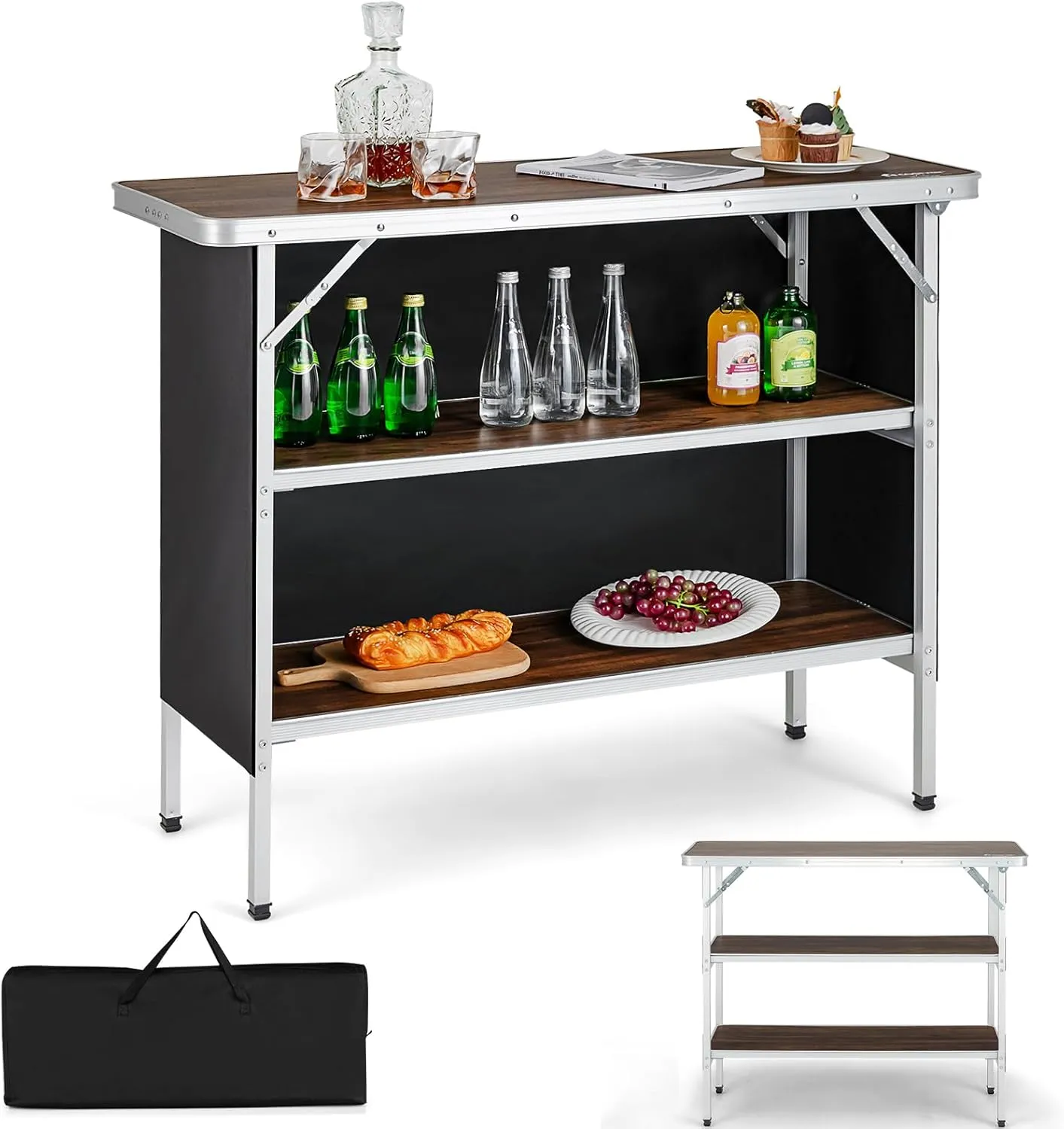 KOTEK Folding Camping Table with 2-Tier Storage Shelves, Removable Privacy Skirt & Carry Bag, Easy Setup, Portable Bar Table for Events, Party, Picnic, BBQ, Trade-Show and Indoor Use(43.5”L x 15”W)