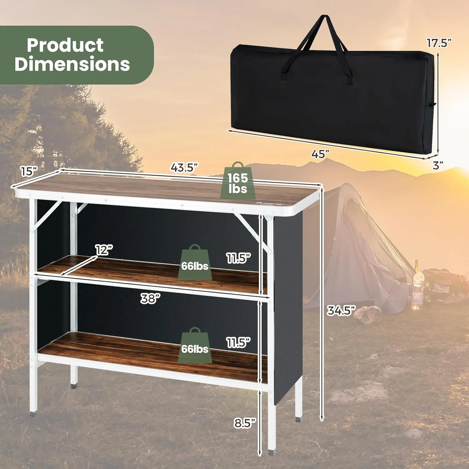 KOTEK Folding Camping Table with 2-Tier Storage Shelves, Removable Privacy Skirt & Carry Bag, Easy Setup, Portable Bar Table for Events, Party, Picnic, BBQ, Trade-Show and Indoor Use(43.5”L x 15”W)