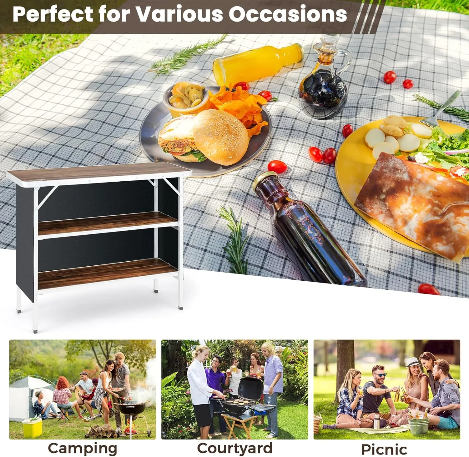 KOTEK Folding Camping Table with 2-Tier Storage Shelves, Removable Privacy Skirt & Carry Bag, Easy Setup, Portable Bar Table for Events, Party, Picnic, BBQ, Trade-Show and Indoor Use(43.5”L x 15”W)